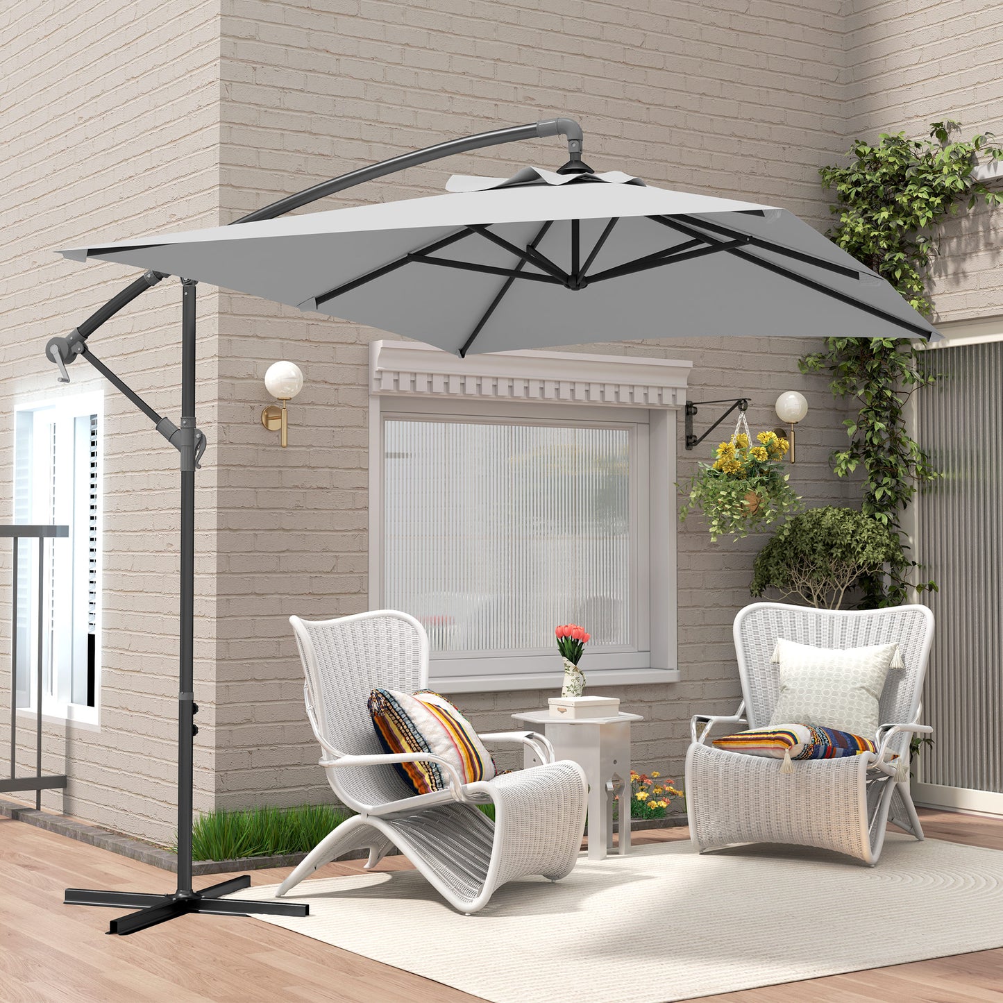 Outsunny 3m Cantilever Parasol With Cross Base Light Grey Crank Handle For Easy Opening And Closing