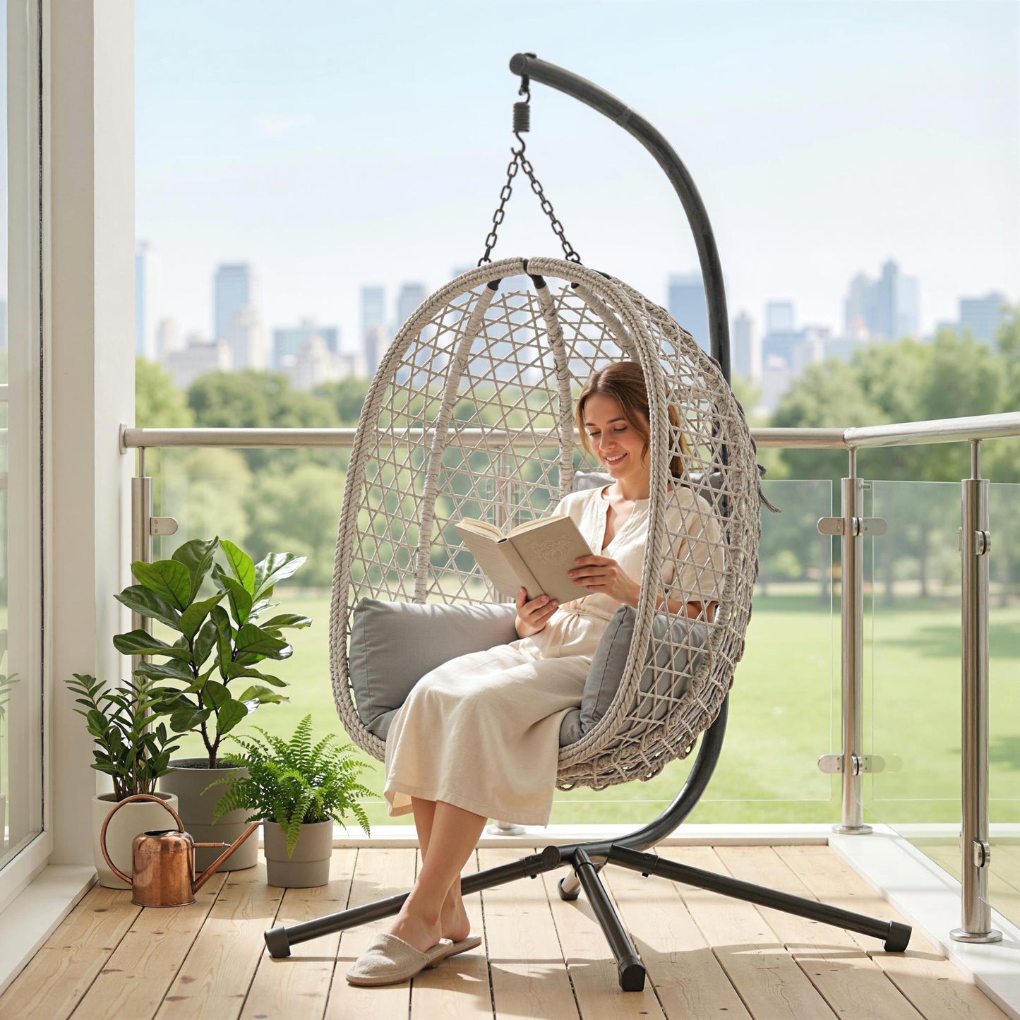 Outsunny Hanging Egg Chair With Stand Indoor Outdoor Rattan Hammock Swing Chair Safety Strap Foldable Basket Light Grey