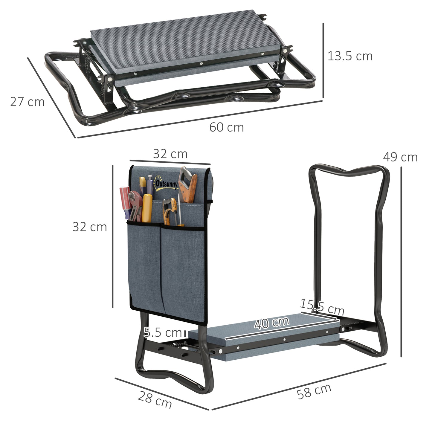 Outsunny Garden Kneeler With Steel Frame Padded Seat Foldable With Tool Bag Grey
