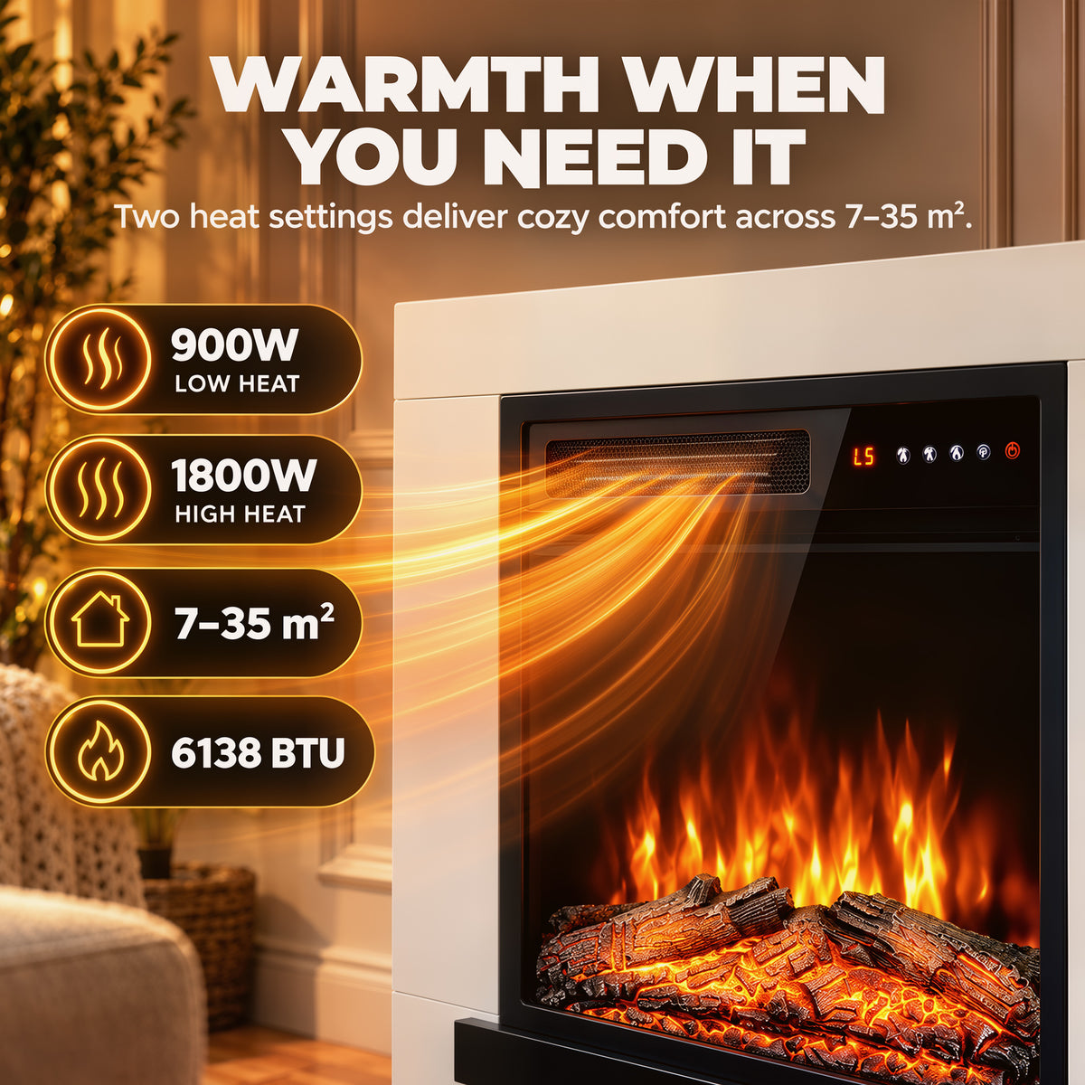 Close view of electric fireplace with black surround and bright orange flame display