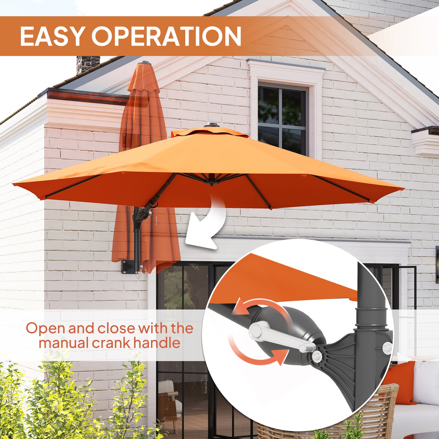 Outsunny 3M Wall Mounted Parasol Shade With Handle Orange Outdoor Garden Patio Canopy