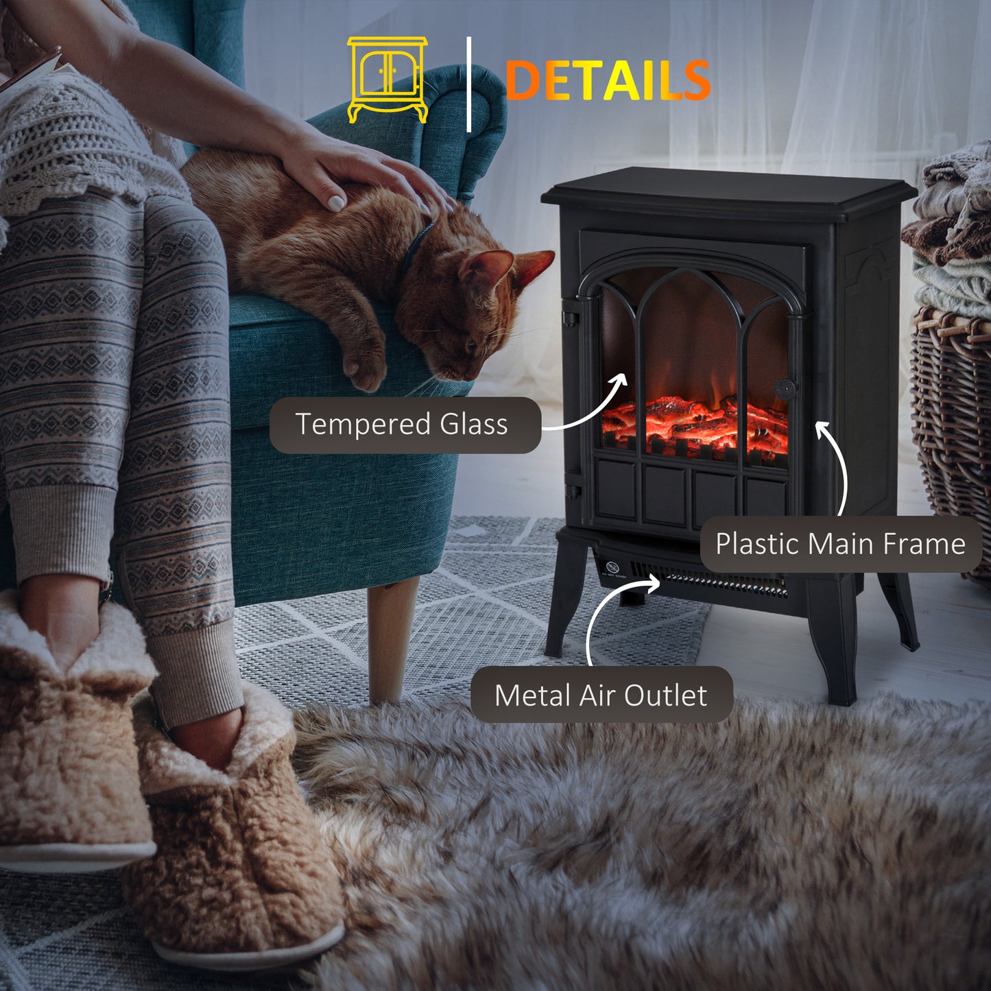 HOMCOM Stylish Black Electric Fireplace Heater with Independent Flame Effect, 1000W/2000W - ALL4U RETAILER LTD