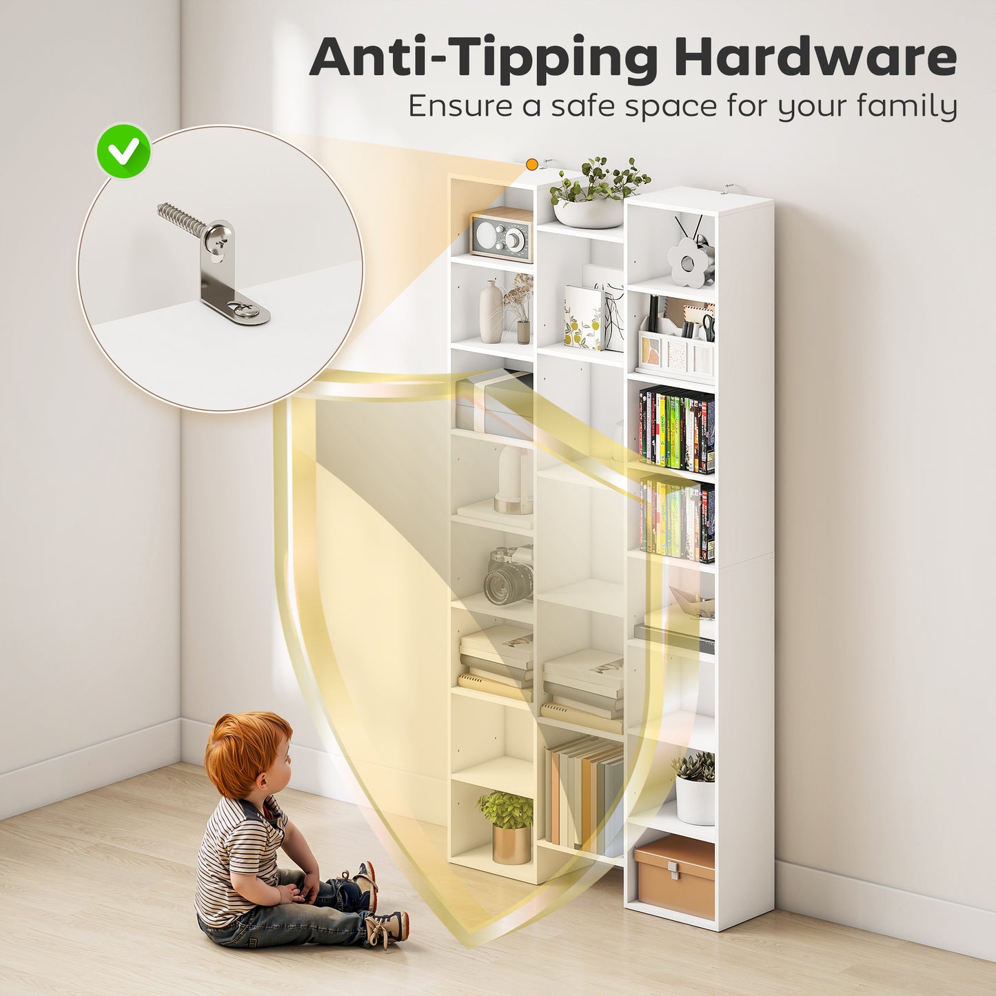 HOMCOM 21 Compartment Tall Bookshelf White With Adjustable Shelves For Living Room Storage