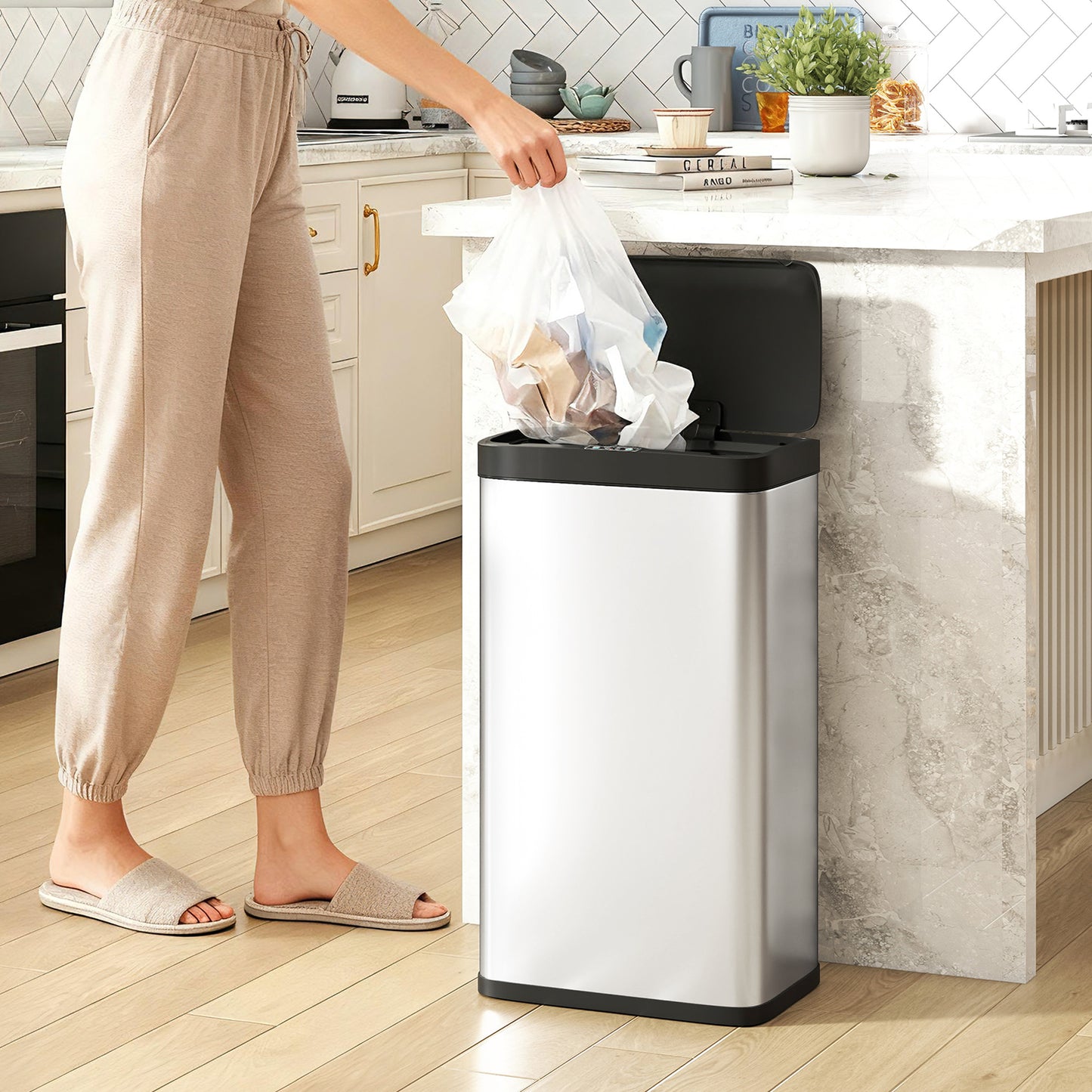 HOMCOM 45 Liter Stainless Steel Trash Can With Touchless Motion Sensor And Soft Close Lid Removable Inner Bucket