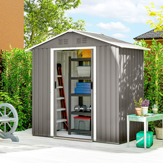 Outsunny 6.5 By 3.5 Feet Galvanised Steel Garden Storage Shed With Double Sliding Doors Light Grey