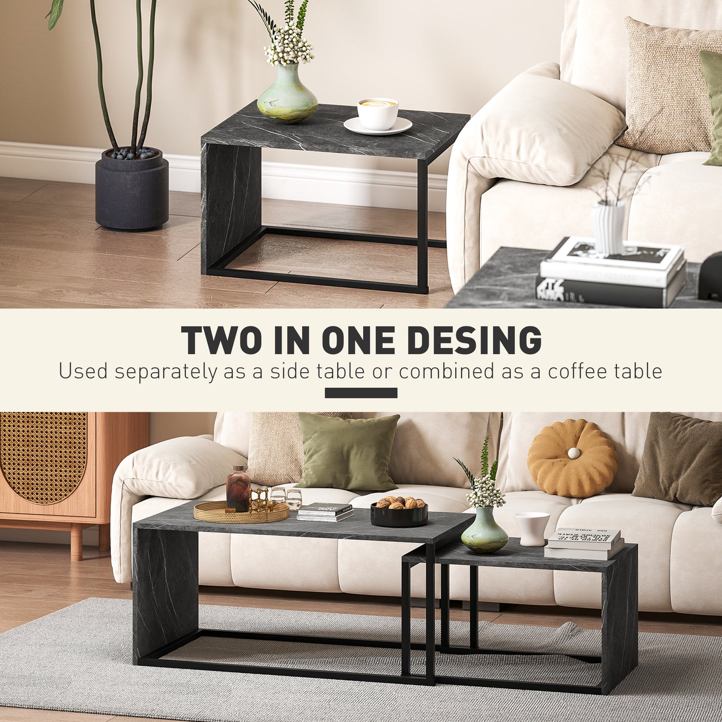 HOMCOM Nesting Coffee Tables Set of 2 Industrial Stacking Side Tables with Metal Frame Dark Grey Marble Effect