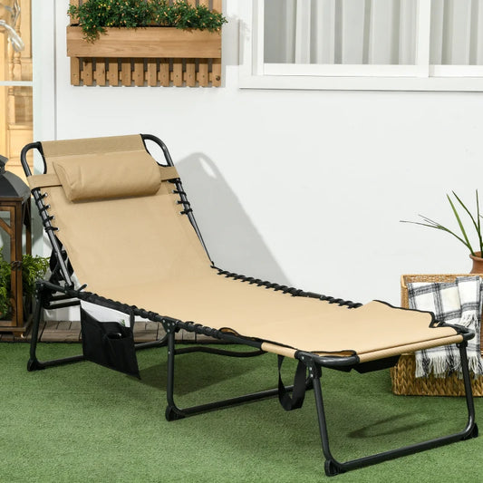 Outsunny Folding Sun Lounge with 5-level Reclining Back, Reading Hole, Side Pocket, Headrest - Outdoor Tanning Chair for Beach, Yard, Patio - Beige