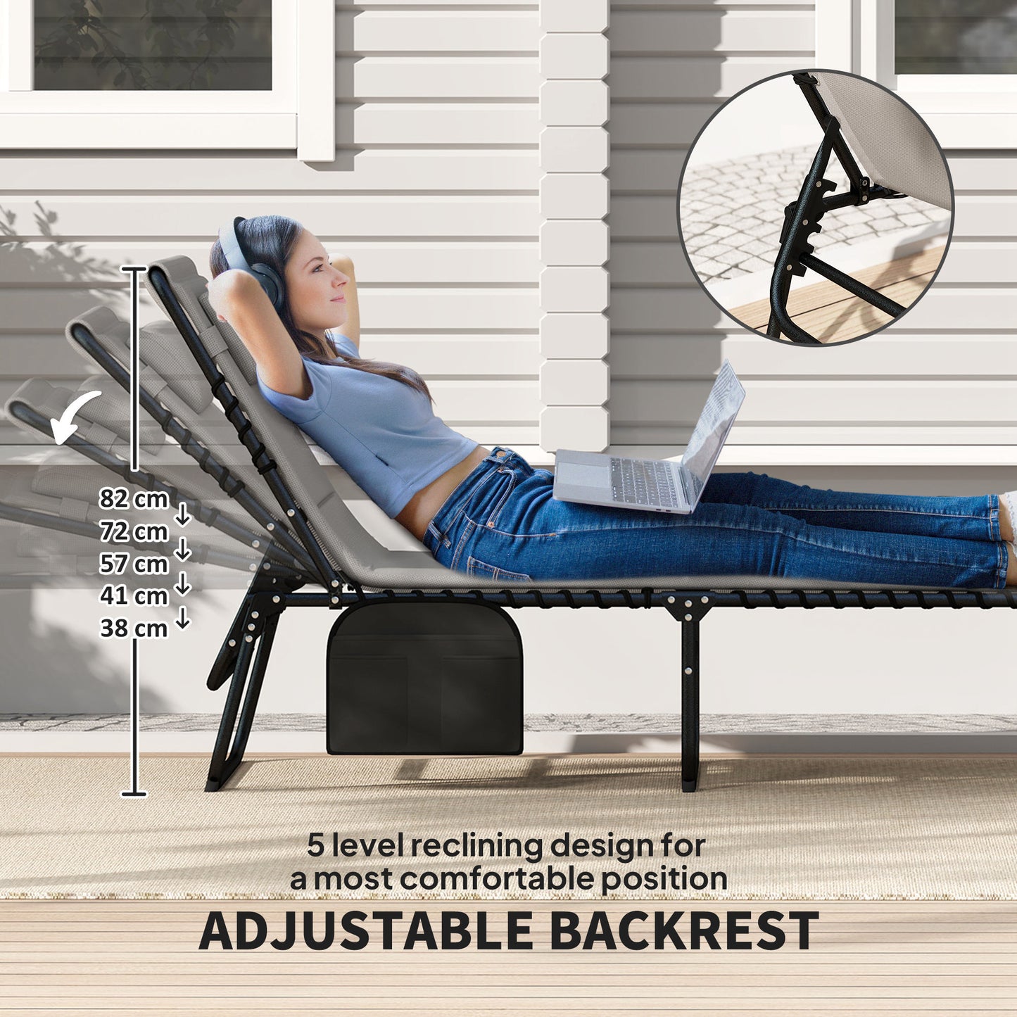 Outsunny Set Of Two Reclining Sun Loungers In Light Grey With Five Level Adjustable Backs Powder Coated Steel Frames