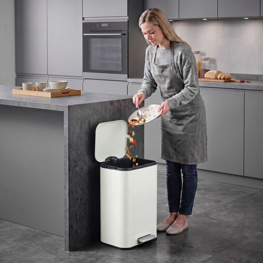 Cream kitchen pedal bin with lid open, hands-free pedal operation