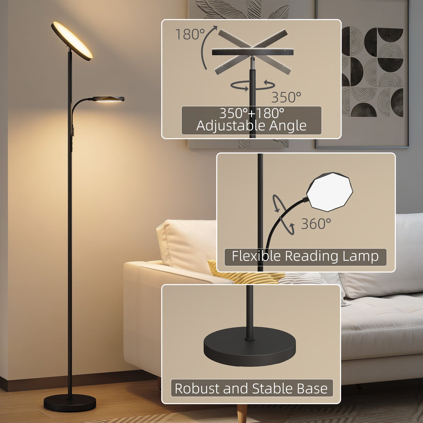 HOMCOM LED Floor Lamp Stepless Dimmable Uplighter With Reading Light 2700K To 6500K Color Temperature And Remote Control