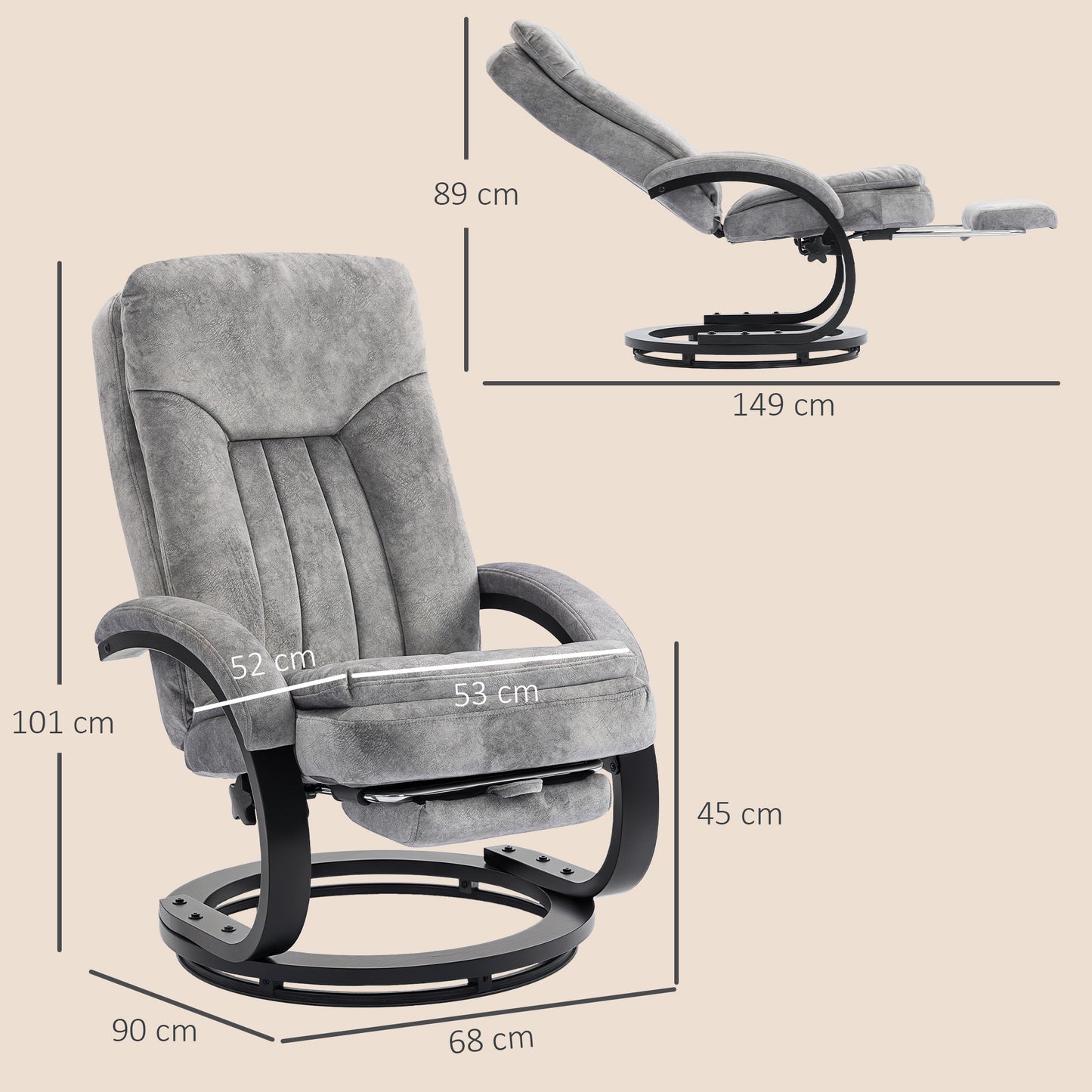 HOMCOM Swivel Recliner Chair With Footrest Manual Recliner Armchair Wooden Base Grey For Living Room
