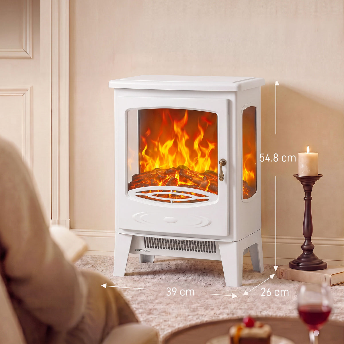 White freestanding electric fireplace heater showing length and height measurements