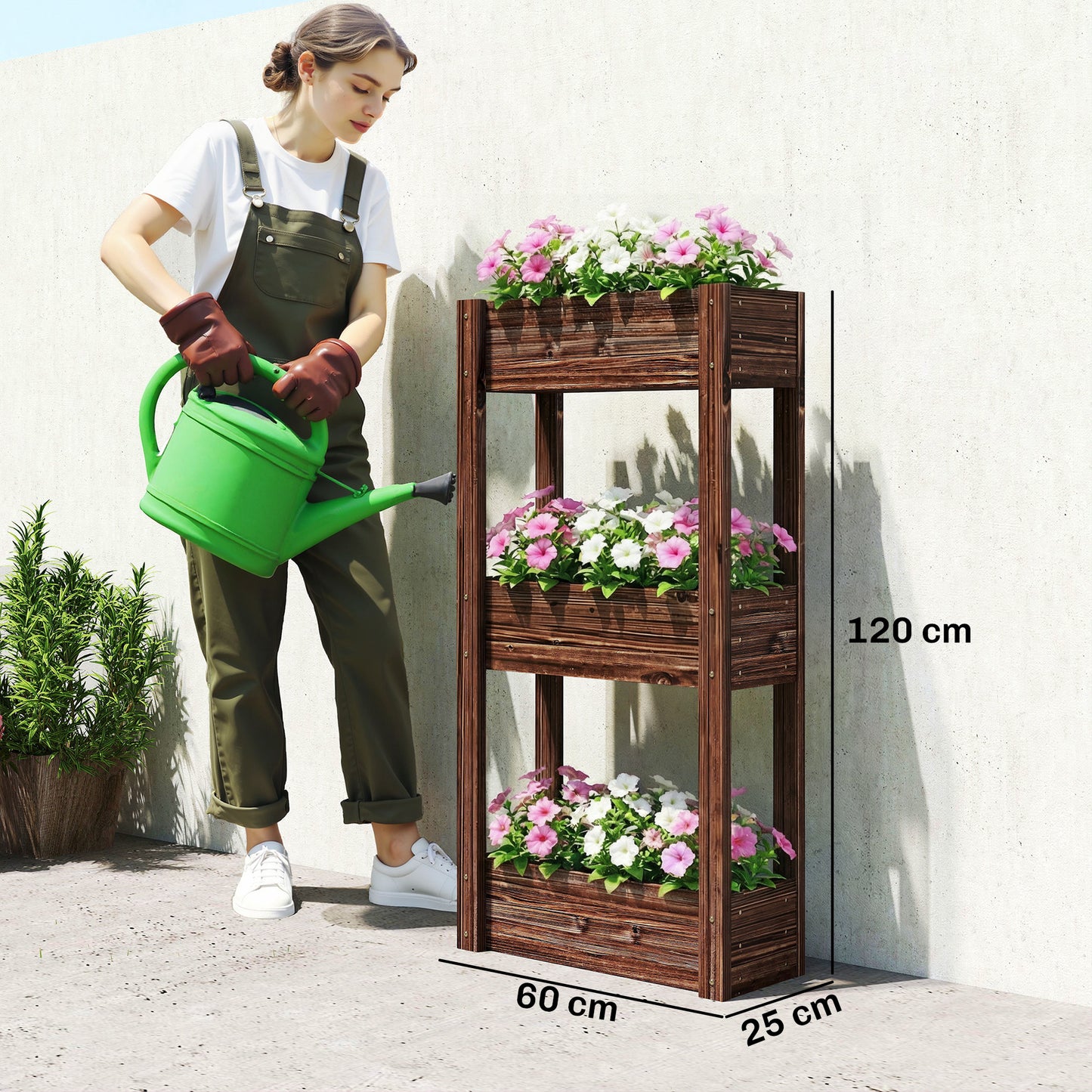 Outsunny Three Tier Wooden Raised Planter Legs Drainage Holes Bed Liner Elevated Garden Bed