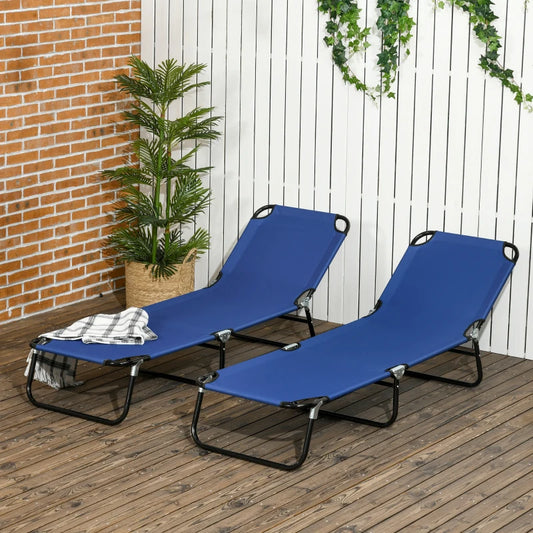 Outsunny Set of 2 Metal Frame Folding Sun Loungers - Blue | Portable Outdoor Reclining Chairs