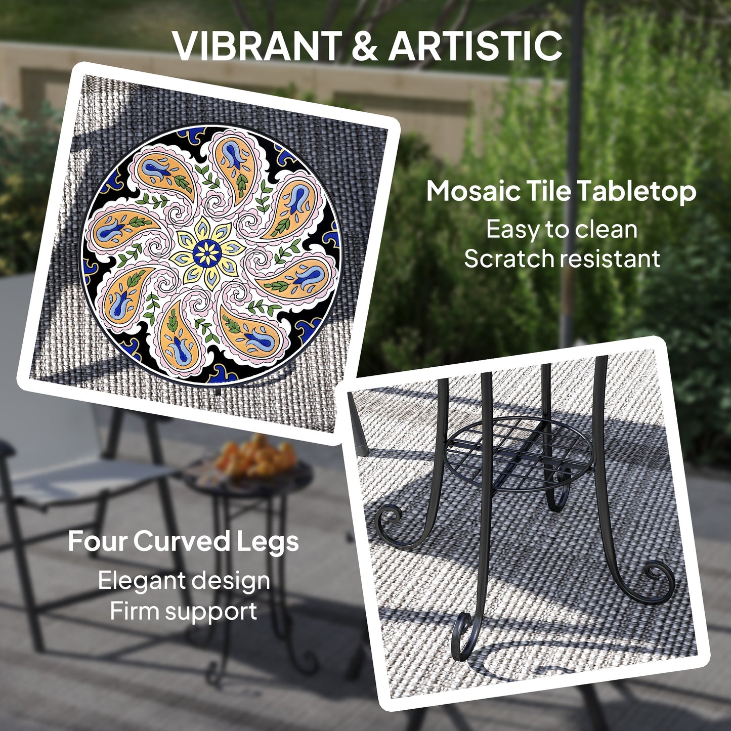 Outsunny Mosaic Round Garden Table With Shelf 35.5 cm Ceramic Tile Top Outdoor Patio Side Table Orange
