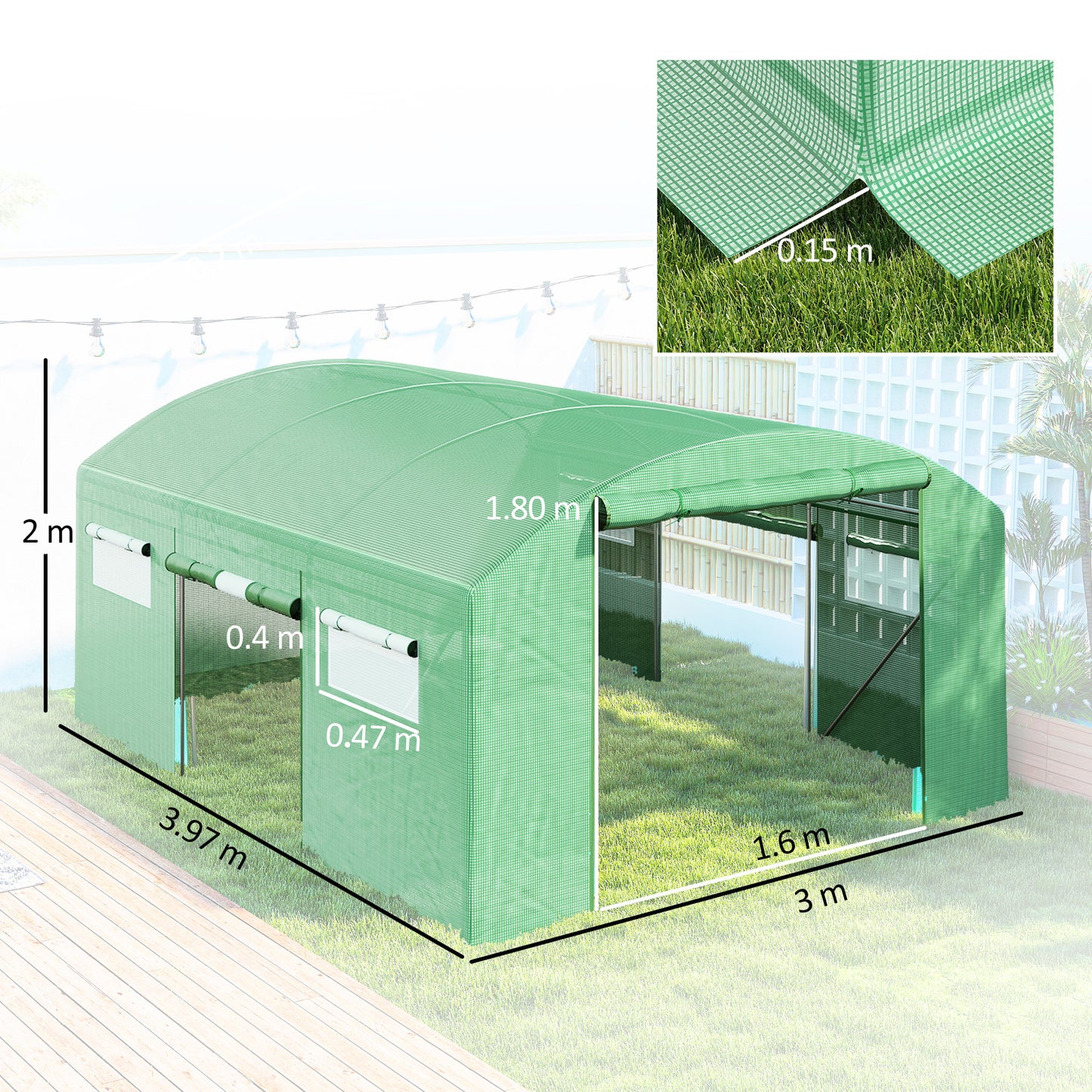 Outsunny 13 x 9.8 ft Walk-In Polytunnel Greenhouse With Roll-Up Doors And Mesh Windows 140gsm Cover