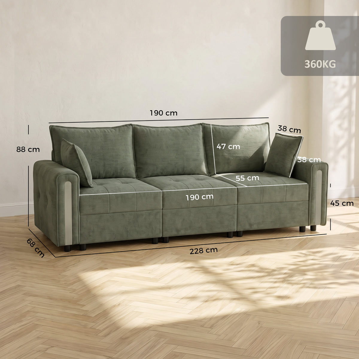 HOMCOM 3 Seater Velvet Sofa with Lift Up Storage Wide Deep Seat 228cm Dark Green