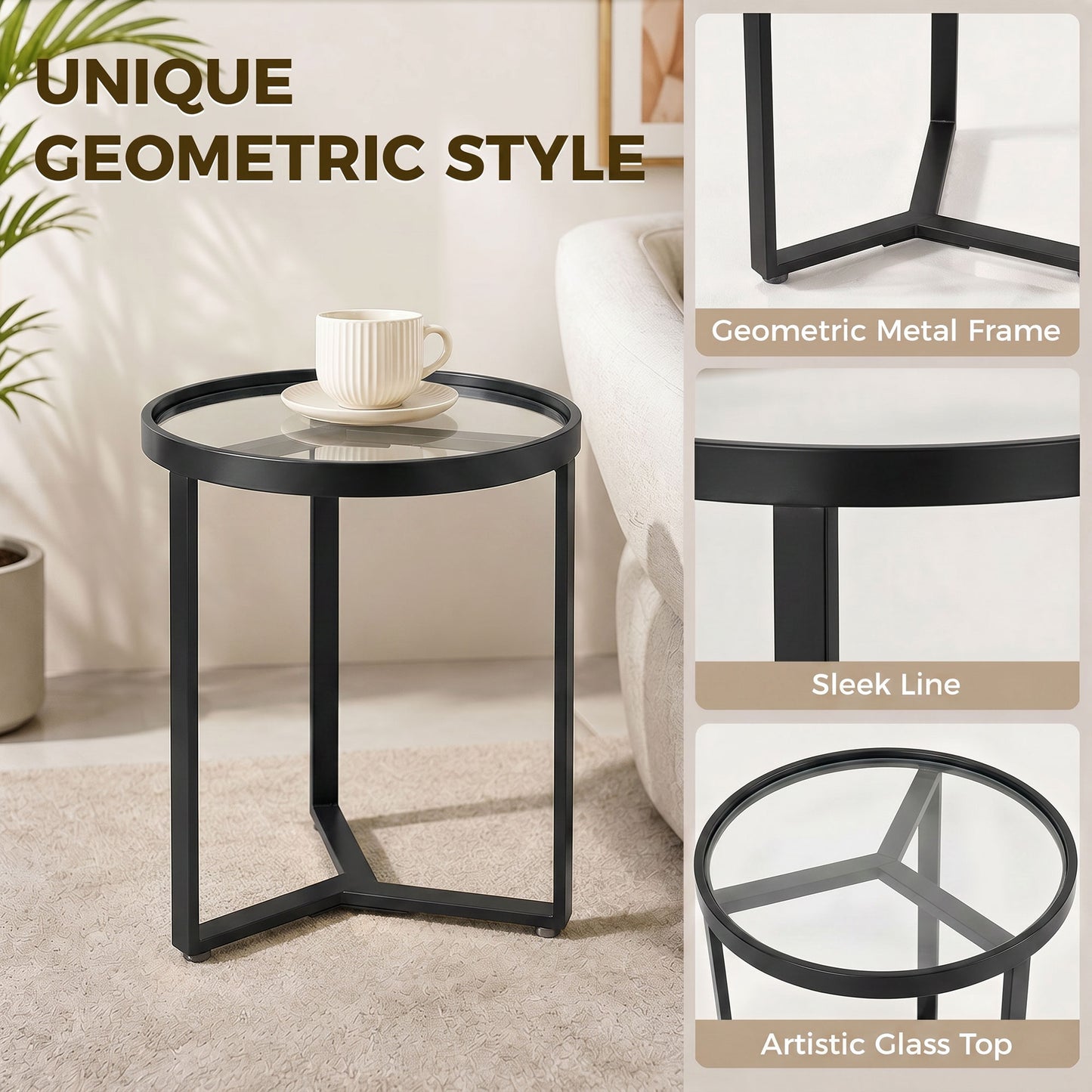 HOMCOM Round Side Table With Tempered Glass Top And Geometric Metal Frame For Small Spaces Black