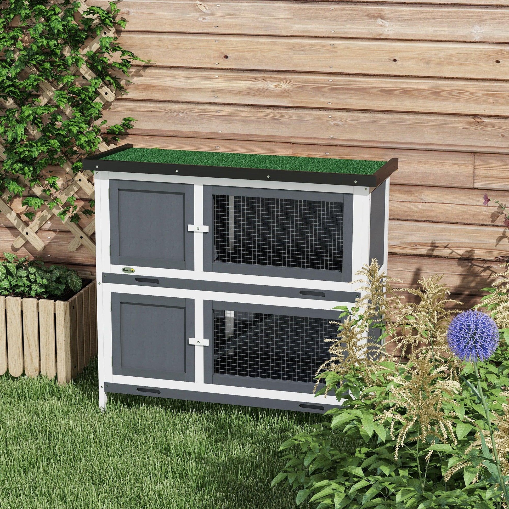 PawHut 2 Tier Rabbit Hutch Guinea Pig Pet Cage Outdoor 100x47x91cm Grey - ALL4U RETAILER LTD