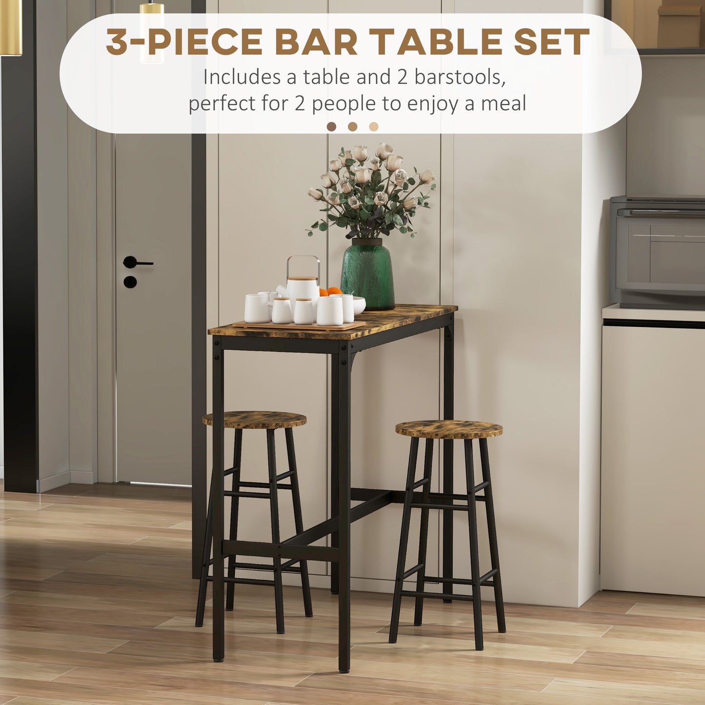 HOMCOM 3 Piece Bar Table Set With 2 Stools Industrial Rustic Brown Dining Table And Chair Set