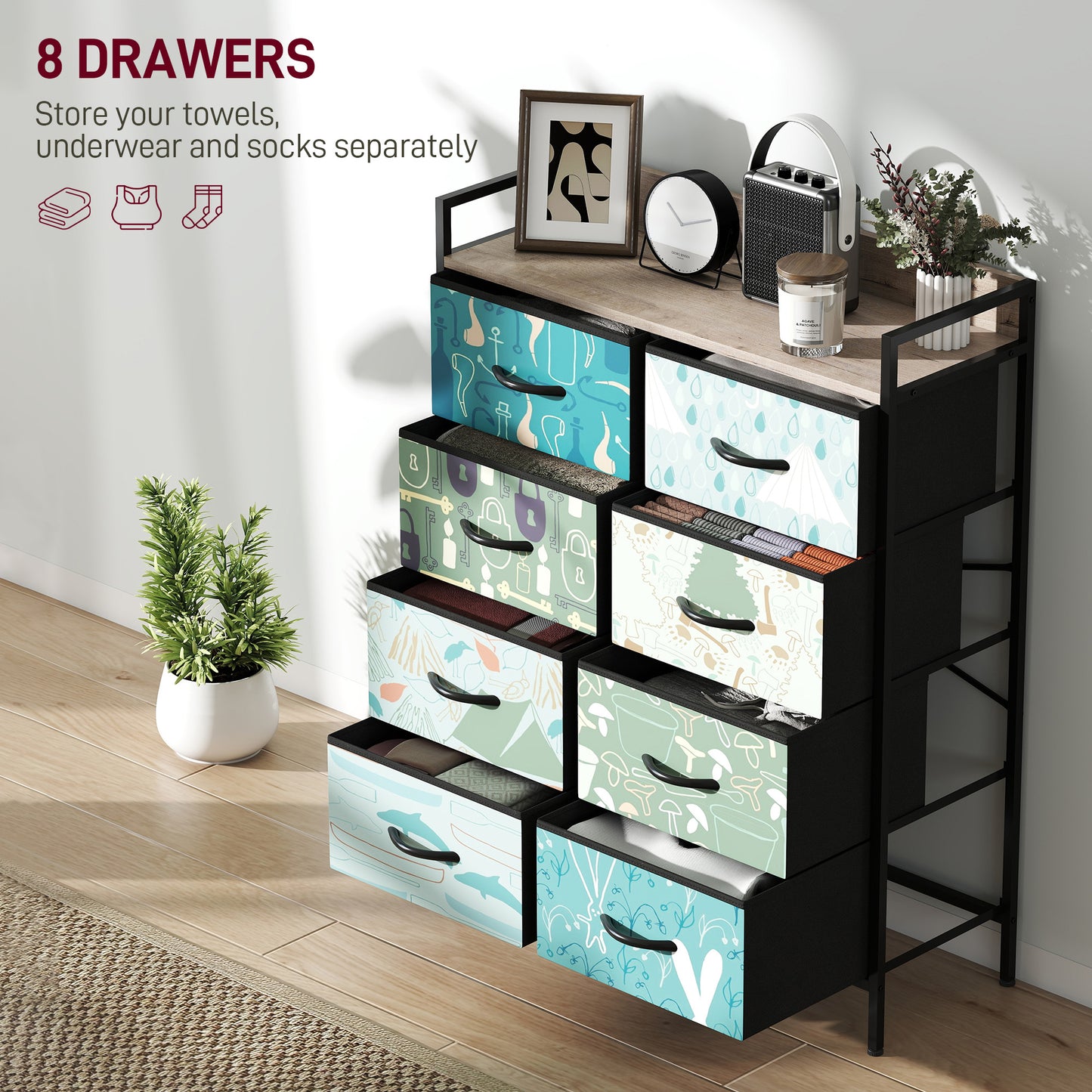 HOMCOM 8 Drawer Fabric Chest Of Drawers In Blue With Removable Foldable Drawers And Patterned Panels