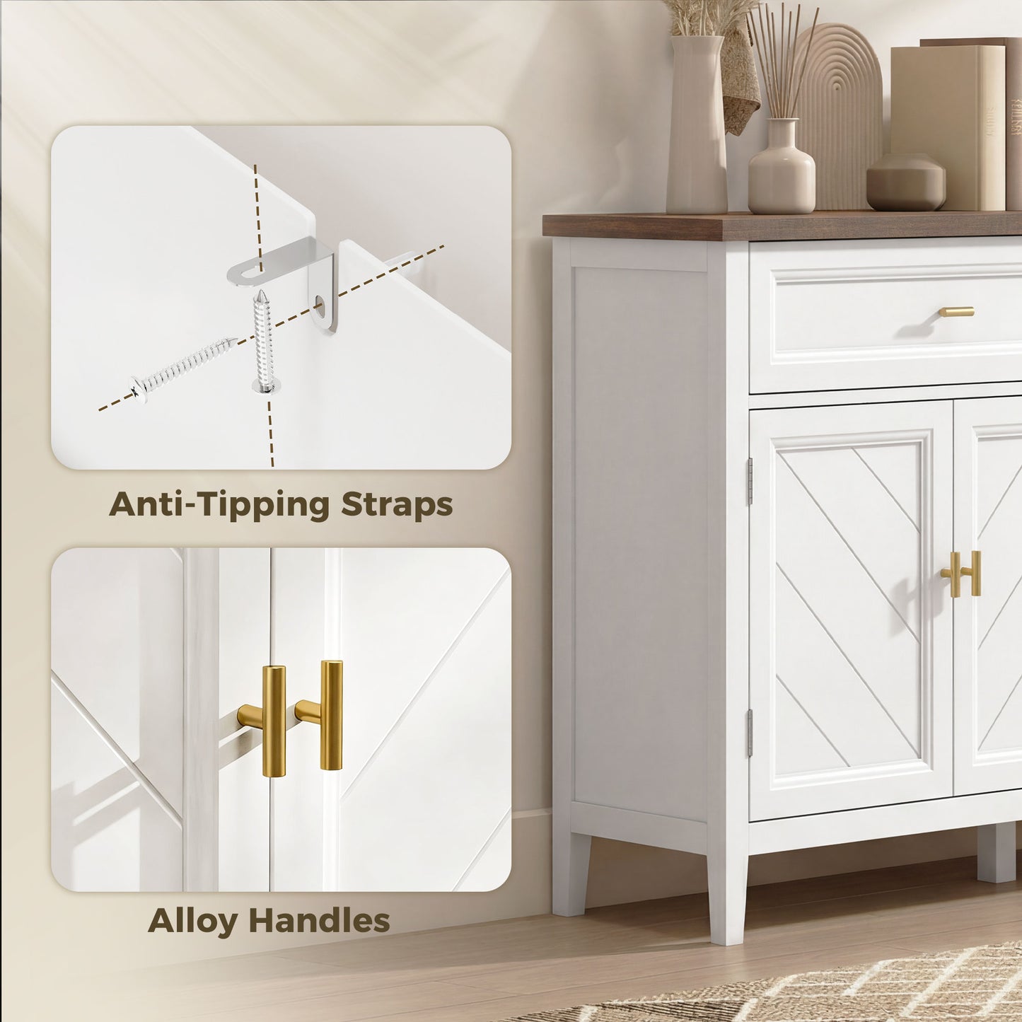 HOMCOM Modern White Sideboard With Three Doors Two Drawers And Adjustable Shelves For Storage