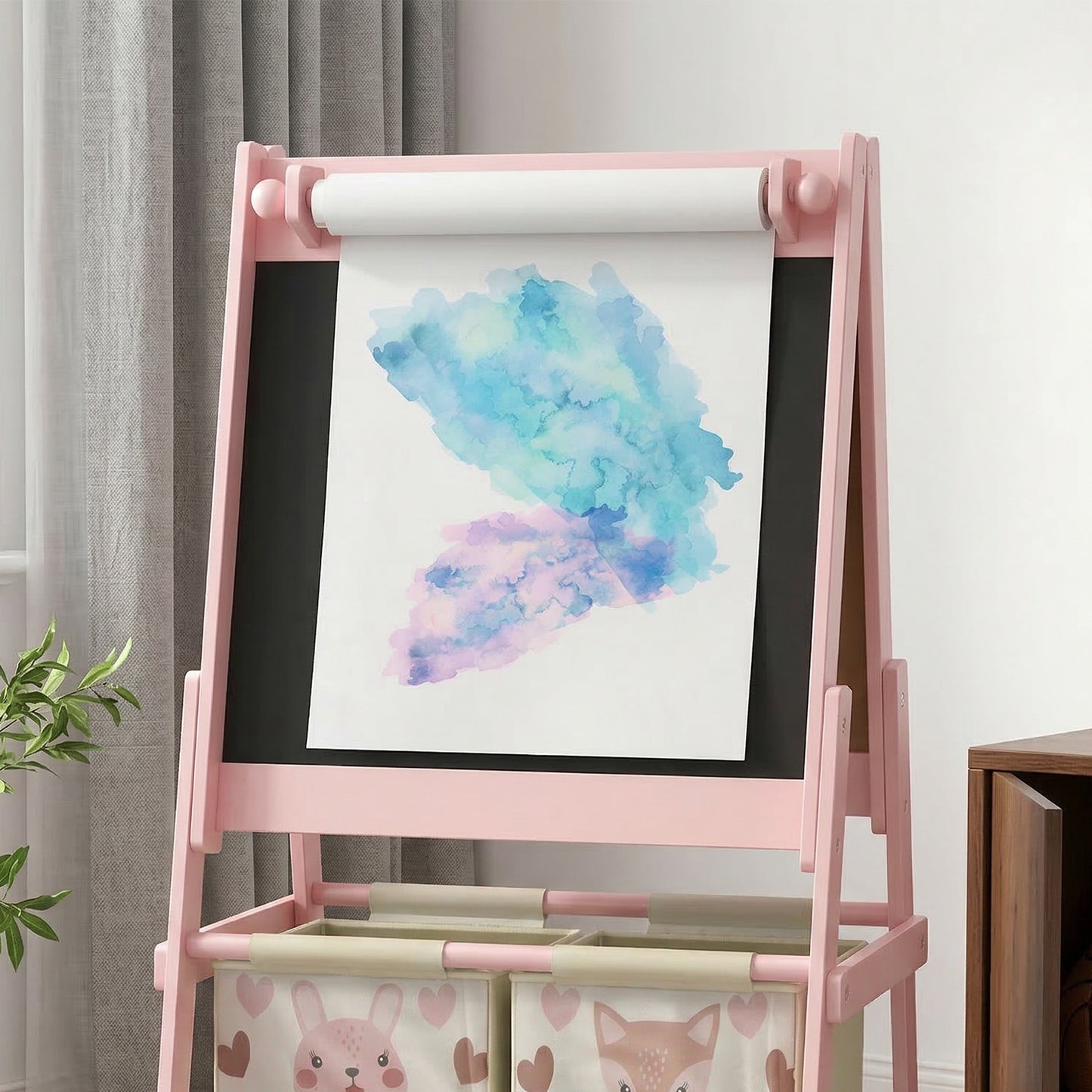 AIYAPLAY Three In One Kids Easel With Paper Roll And Storage Pink Educational Art Station