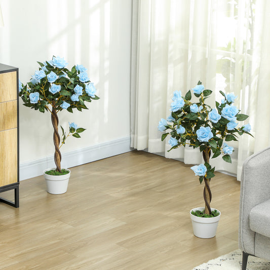 Outsunny Set Of 2 Artificial White Rose Floral Plants In Pots 90cm Indoor Decor Light Blue