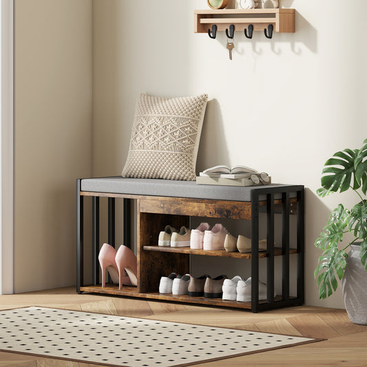 HOMCOM Shoe Storage Bench With Upholstered Seat And Steel Frame Hallway Shoe Organizer With 3 Open Shelves Rustic Brown
