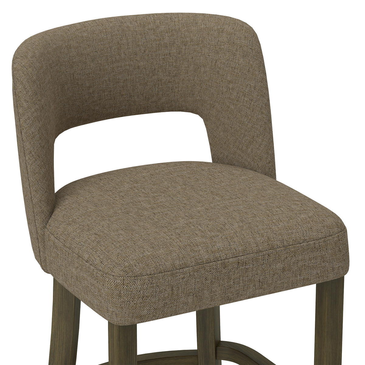 Bar stool with curved backrest and dark textured chenille seat cushion
