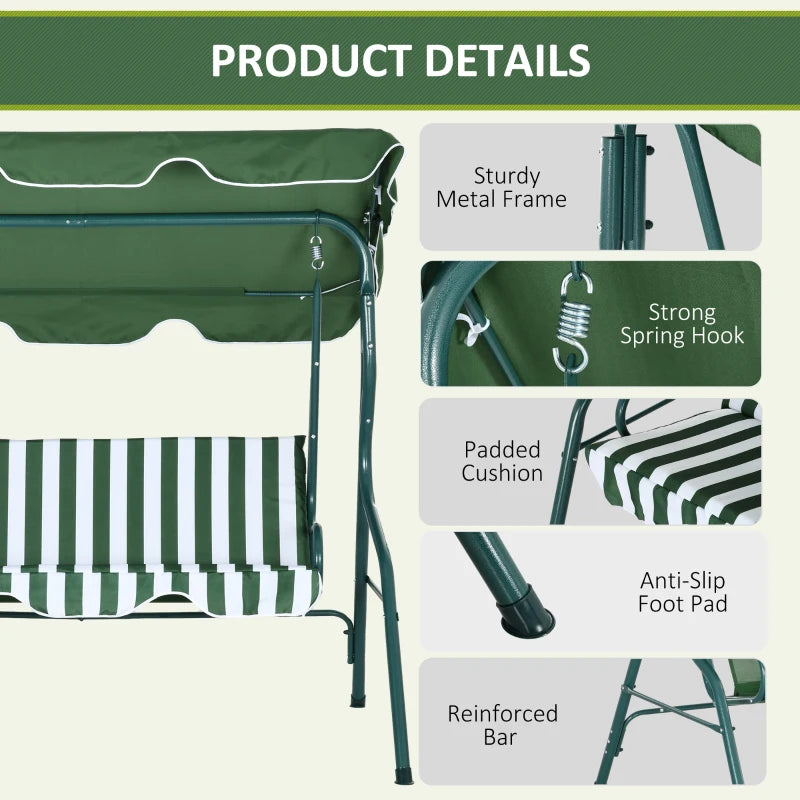 Outsunny 3 Seater Garden Swing Seat Chair Outdoor Bench with Adjustable Canopy and Metal Frame - Green Stripes | Patio Swing for Relaxation and Comfort - ALL4U RETAILER LTD