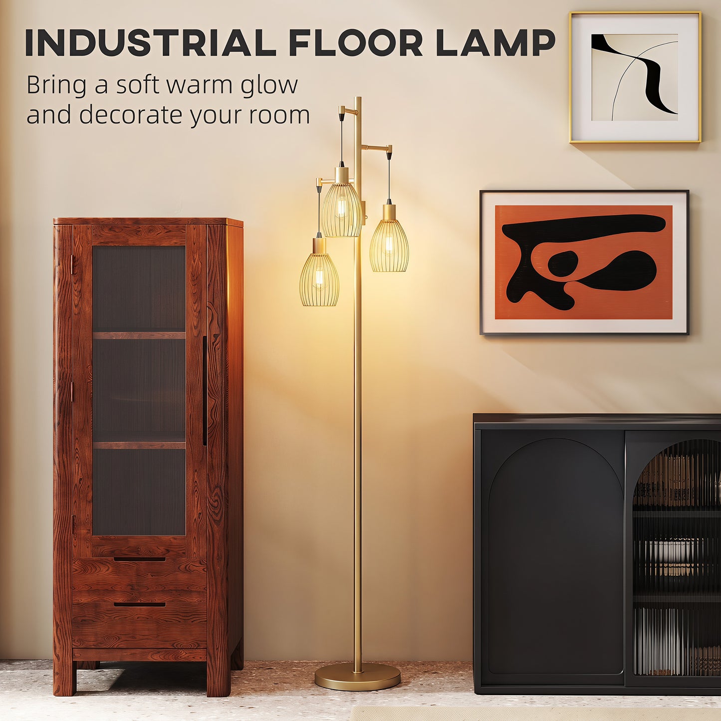 HOMCOM Industrial Dimmable 3 Light Floor Lamp With Steel Wire Cage Lampshades In Gold Tone 170cm Tall