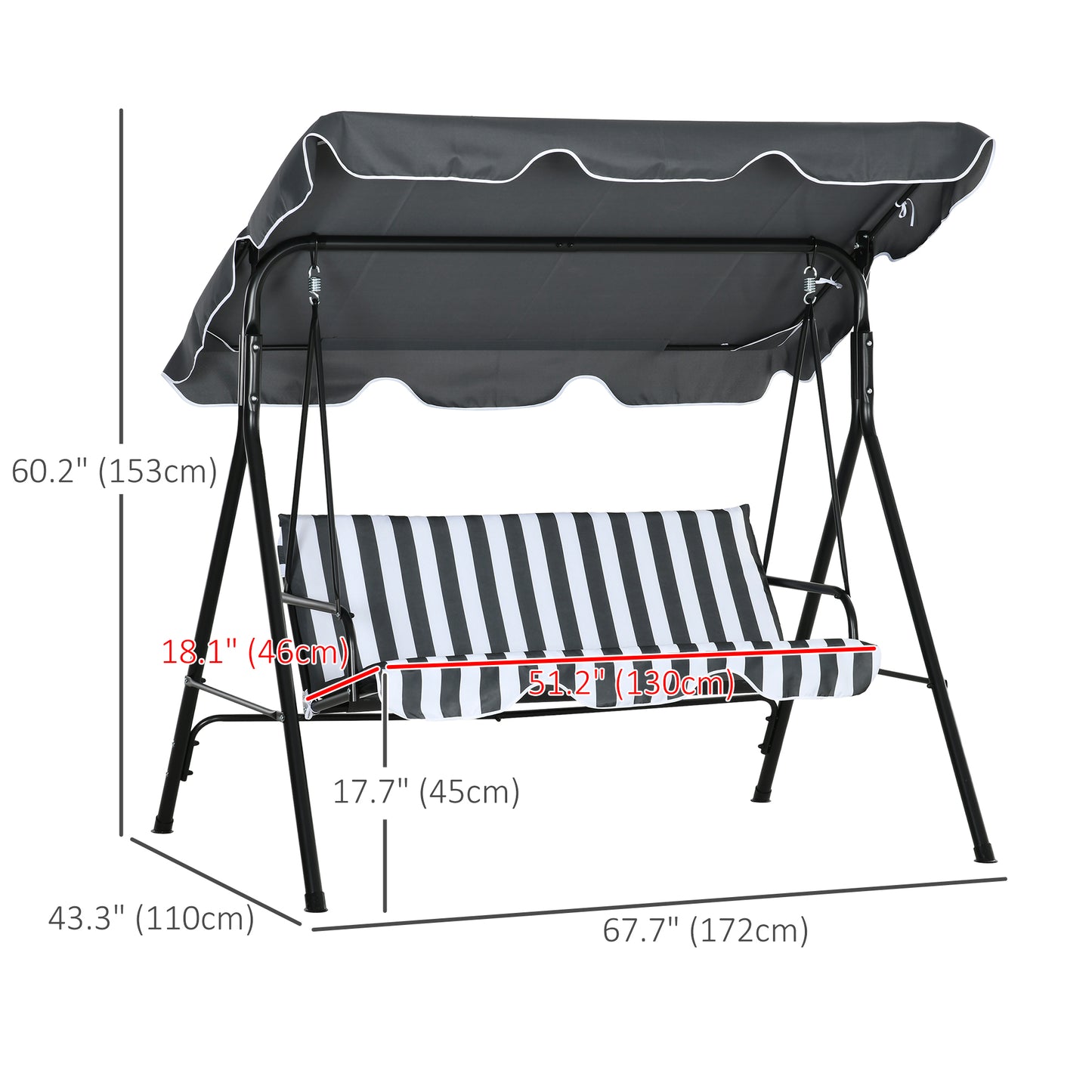 Outsunny 3 Seater Garden Swing Chair With Adjustable Canopy Metal Frame And Cushions In Grey