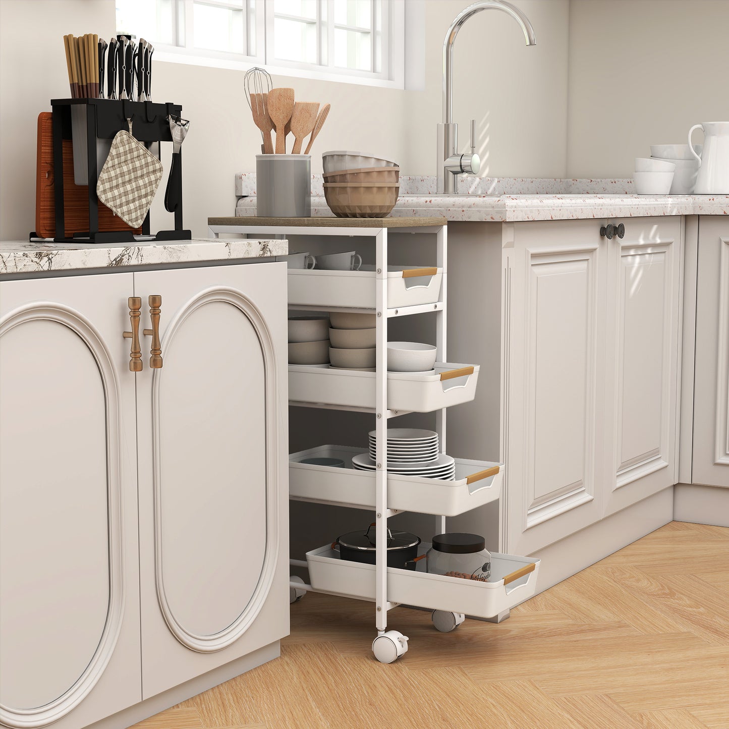 HOMCOM Five Tier Storage Trolley On Wheels White Kitchen Cart With Wood Effect Top And Four Pull Out Drawers