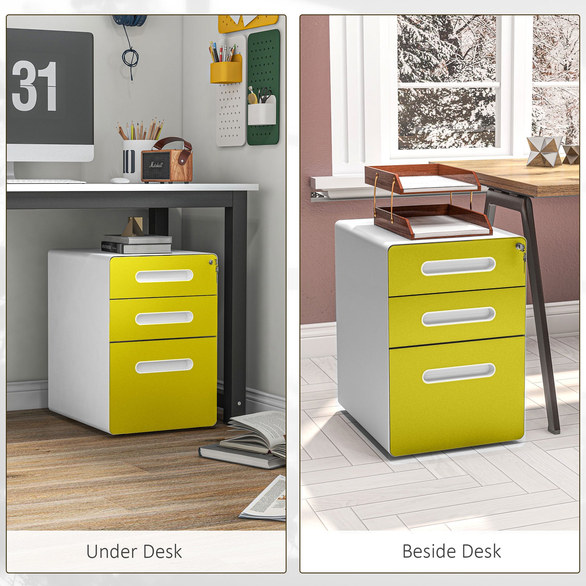 Vinsetto Yellow Steel Filing Cabinet with Lock, 3 Drawers and Wheels for A4, Letter, Legal Files - ALL4U RETAILER LTD