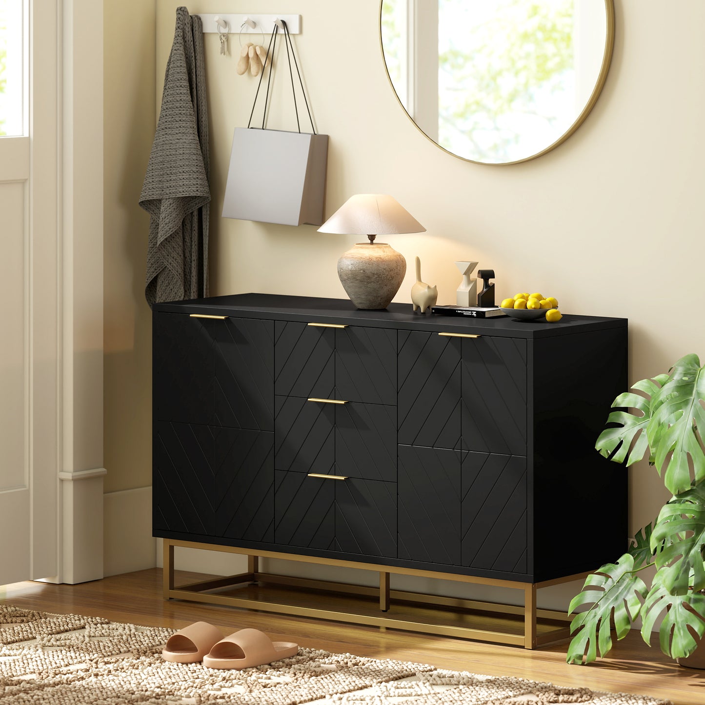 HOMCOM Sideboard With 3 Drawers And Adjustable Shelves For Living Room Black Finish Modern Storage Cabinet