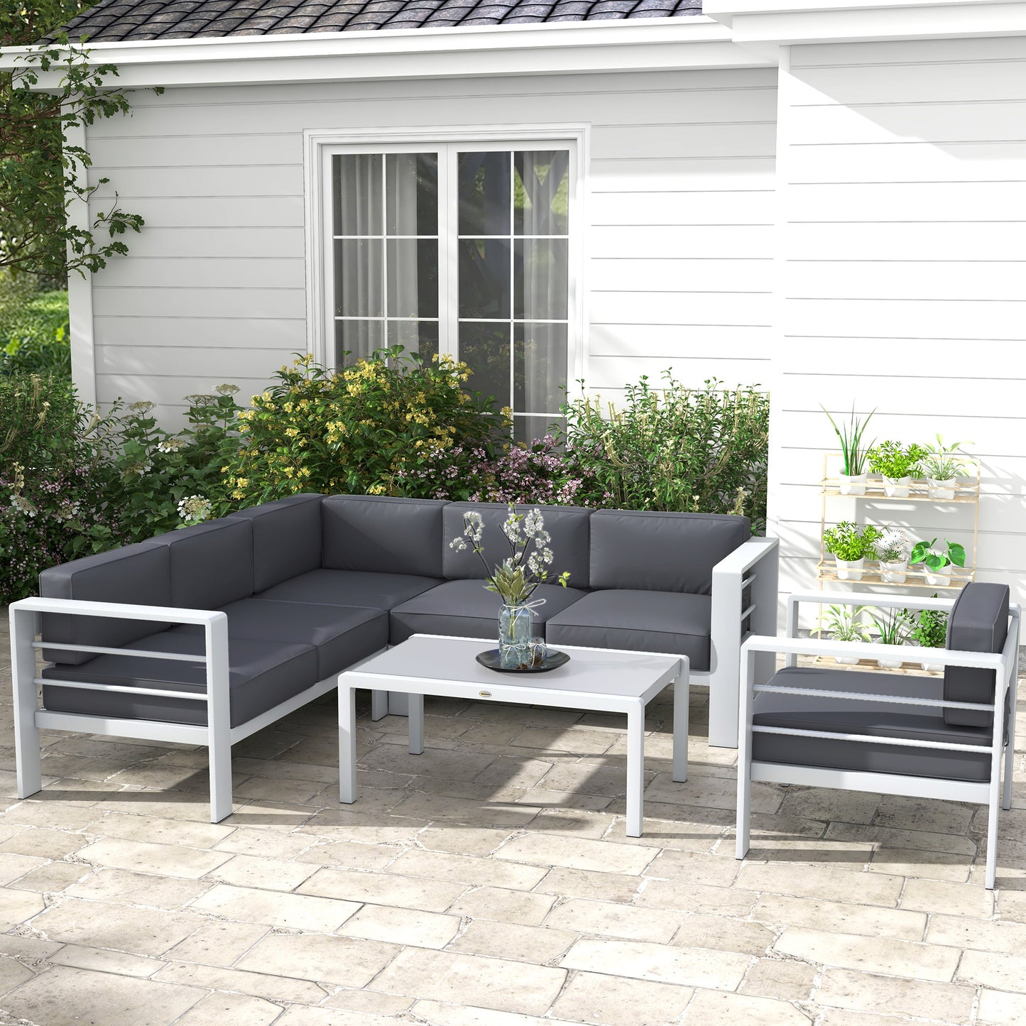 Outsunny Stylish Five-Piece Aluminium Outdoor Sofa Set with Glass-Top Table - Light and Dark Grey - ALL4U RETAILER LTD