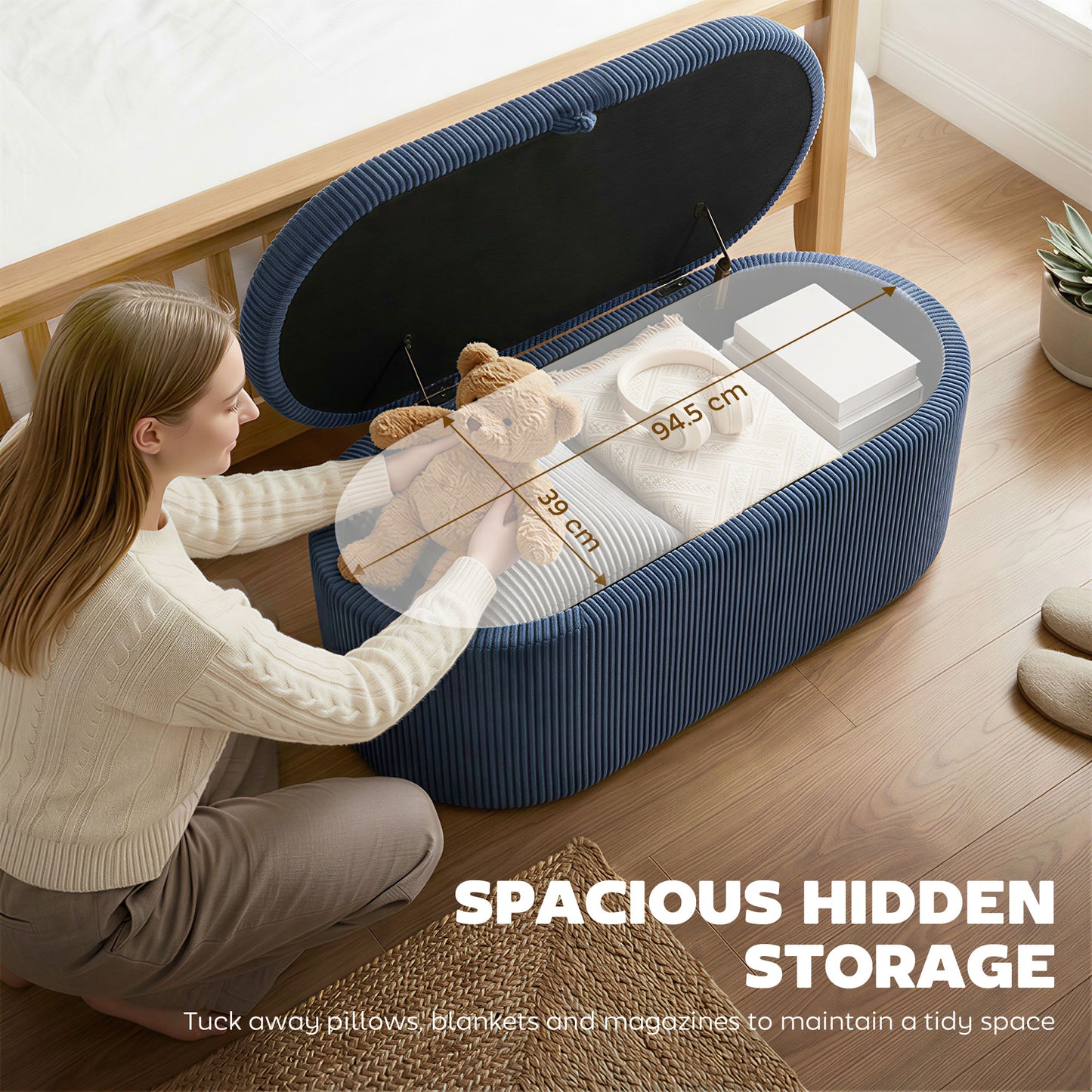 HOMCOM Corduroy Upholstered Storage Ottoman With Padded Seat 105 x 51 x 49 cm Blue