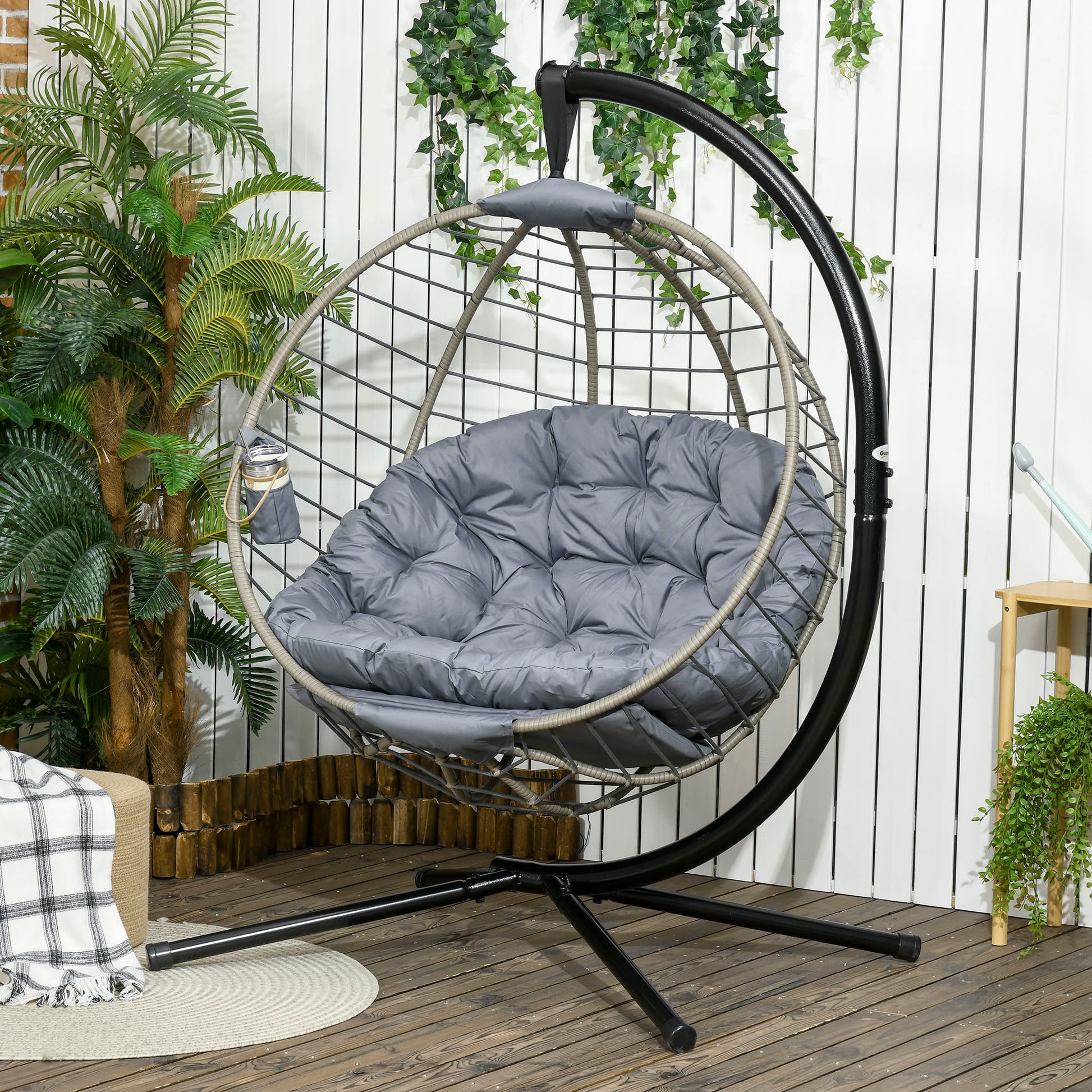 Outsunny Greystone Rattan Hanging Egg Chair with Stand and Cushion - Foldable Design with Cup Holder - ALL4U RETAILER LTD