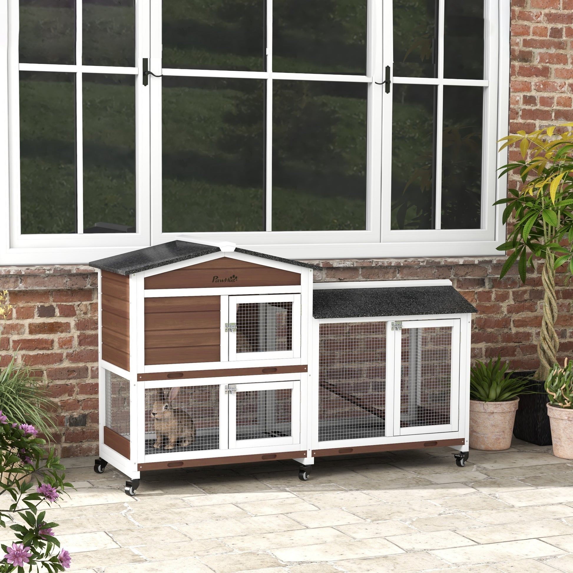 PawHut Two-Tier Wooden Rabbit Hutch with Wheels and Run, Durable Brown Design - ALL4U RETAILER LTD