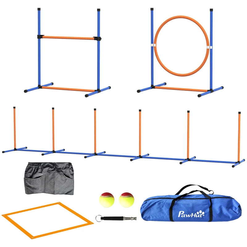 PawHut Dog Agility Equipment Set - 8 Pieces with Weave Poles, Jump Ring, Hurdle, Pause Box, Training Shorts, Bag - Orange - ALL4U RETAILER LTD