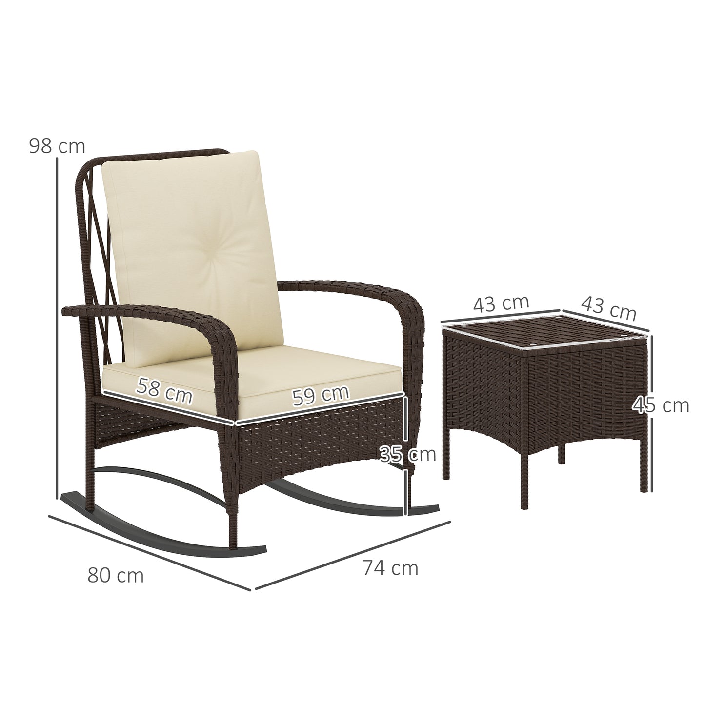 Outsunny Three Piece Rattan Bistro Set With Glass Top Table Two Rocking Chairs Brown Outdoor Garden