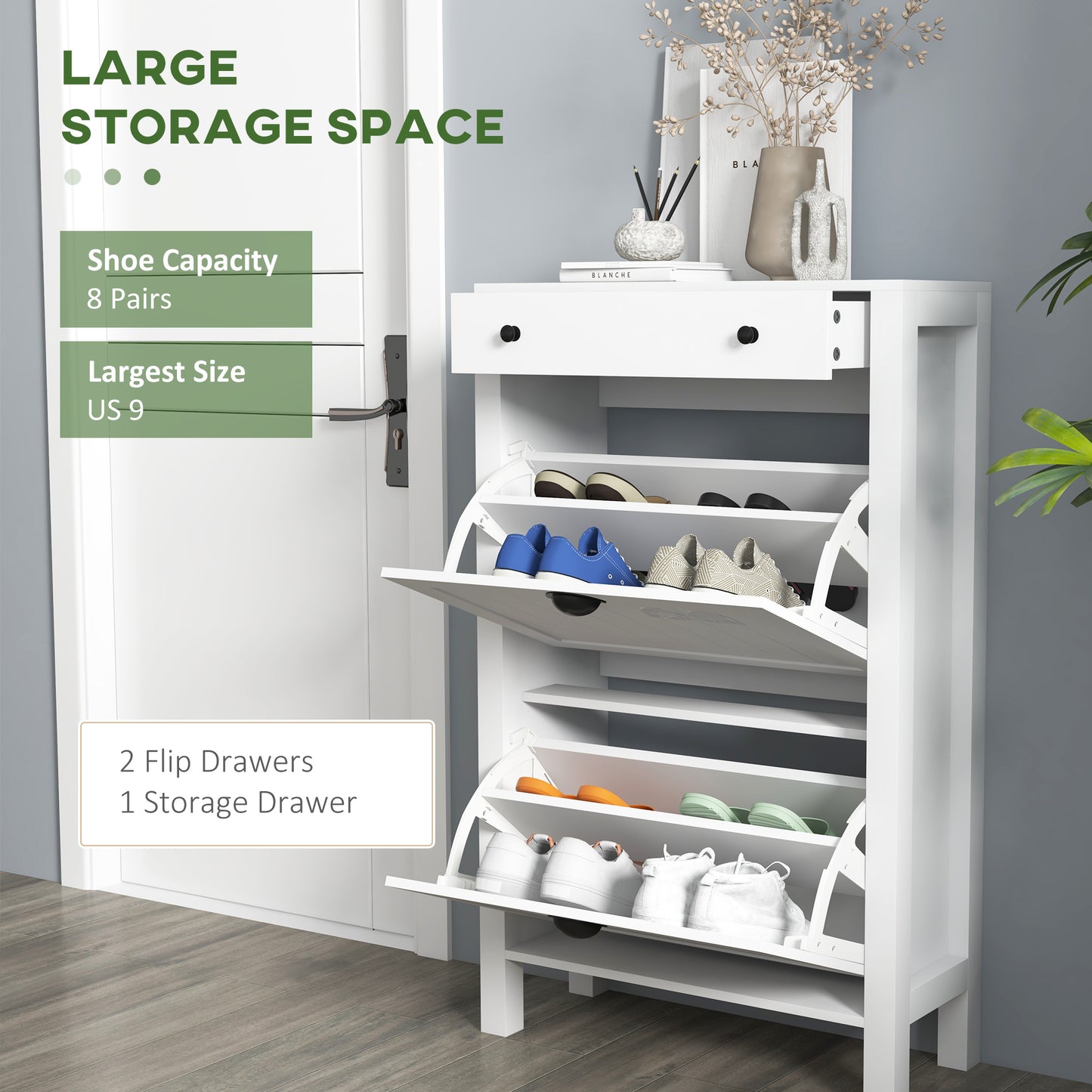 HOMCOM Narrow Shoe Cabinet With Two Flip Drawers And Adjustable Shelves White Slim Design