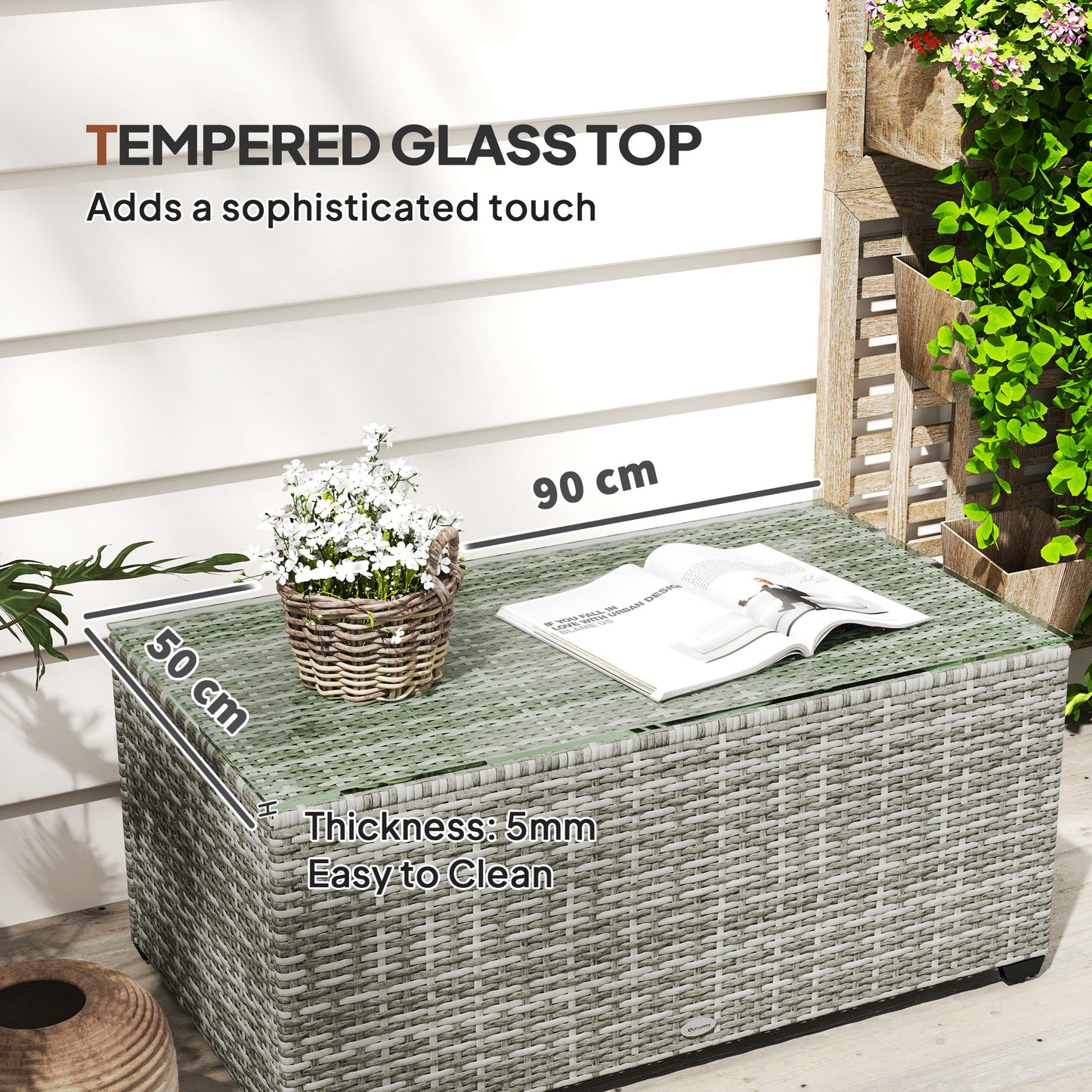 Outsunny 90 x 50 cm Tempered Glass Top Rattan Side Table Light Grey Garden Furniture