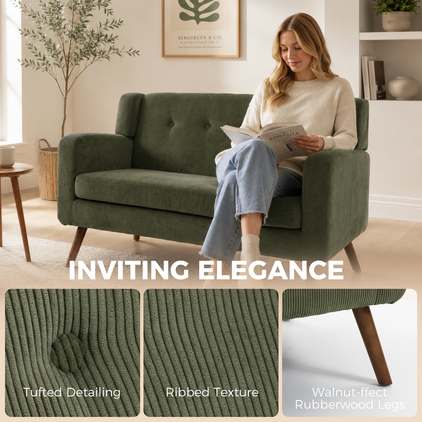 HOMCOM Corduroy 2 Seater Sofa With Pocket Springs Dark Green Compact Couch