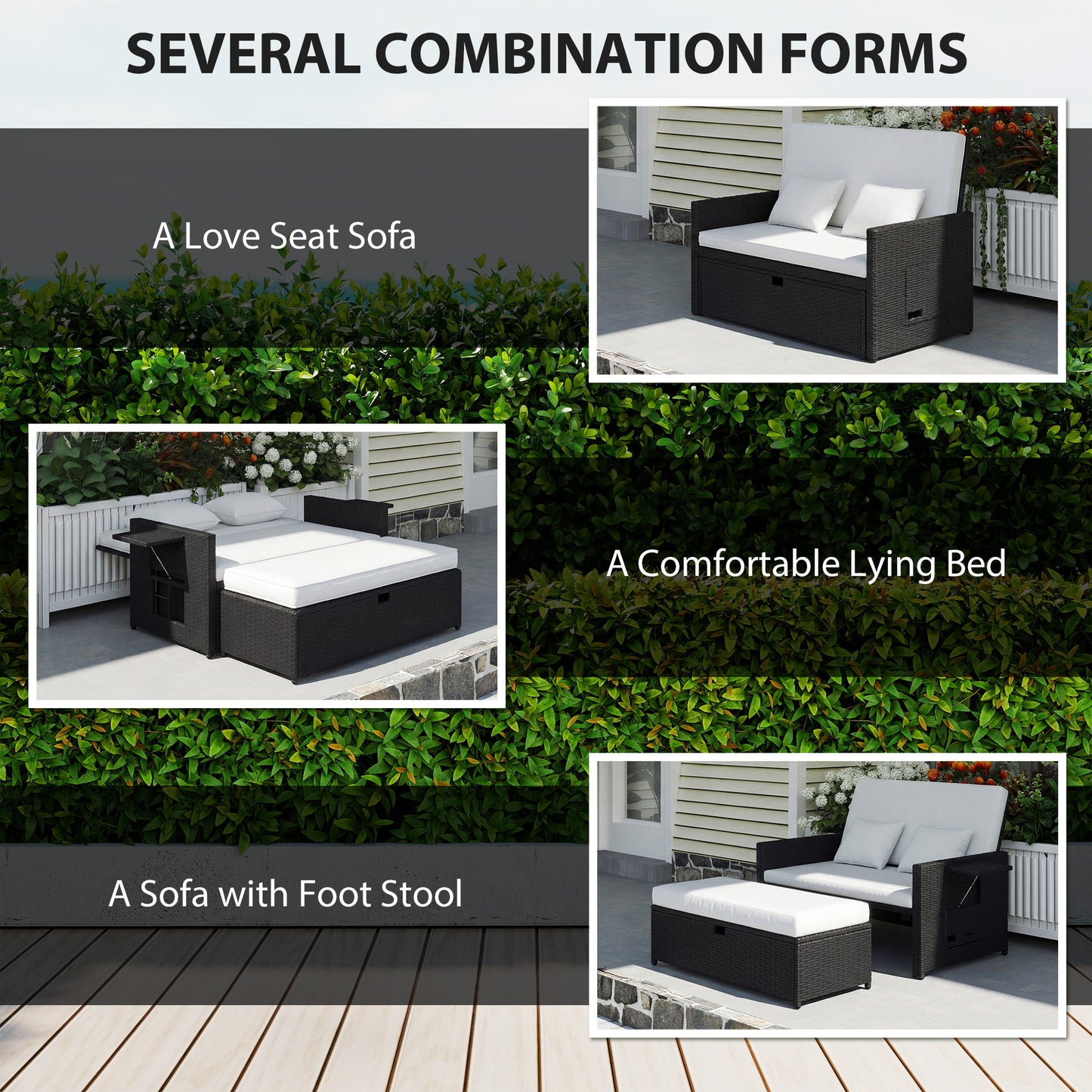 Outsunny Rattan Garden Daybed Two Piece Lounge Set With Adjustable Back And Storage Ottoman Cream White