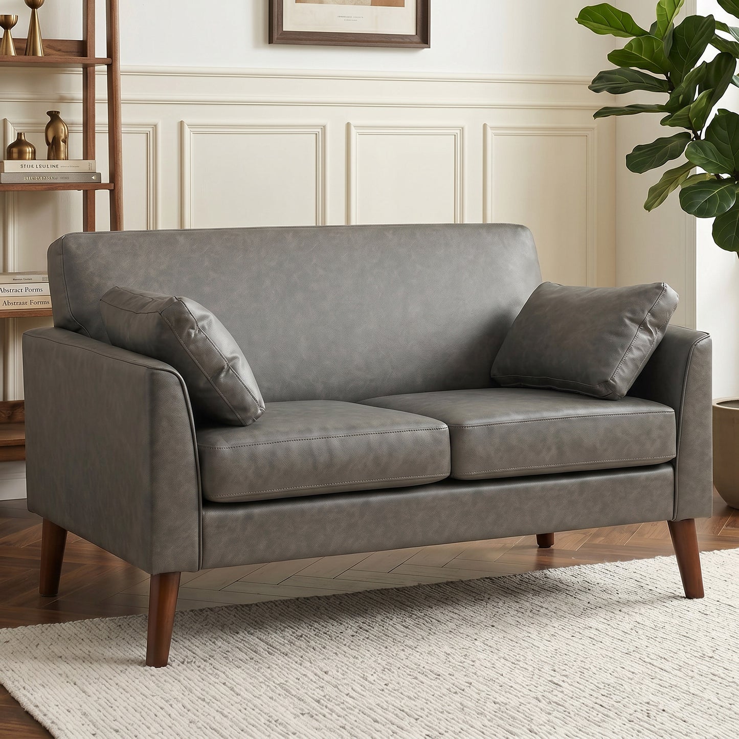 HOMCOM 2 Seater Sofa 132 Cm For Small Spaces With Solid Wood Legs And 2 Pillows In Grey Pebbled PU Leather