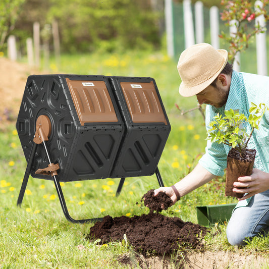 Outsunny 130L Double Chamber Composter Outdoor Garden Waste Bin Black For Eco Friendly Home Composting
