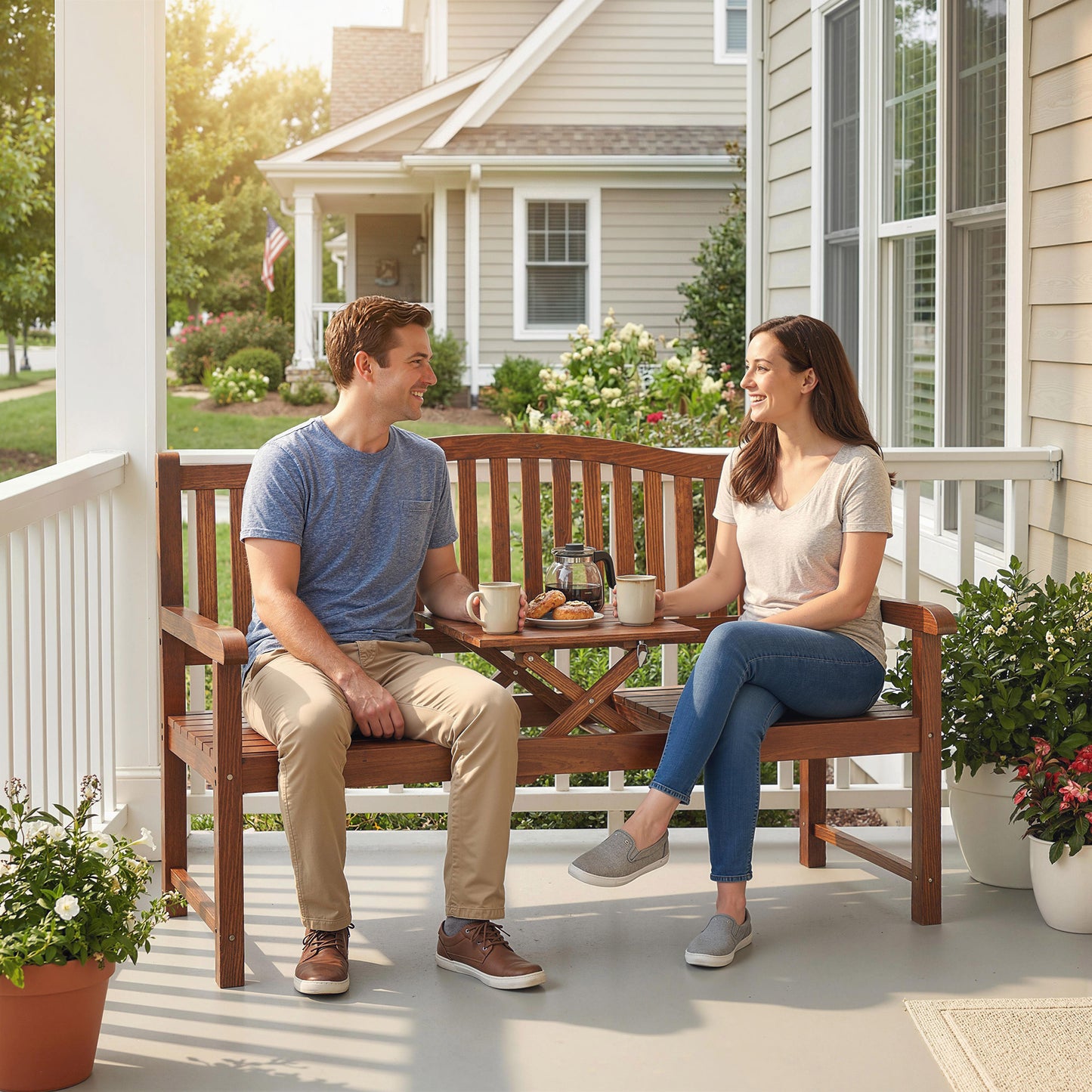 Outsunny Garden Loveseat Bench Two To Three Seater Outdoor Bench With Liftable Table Waterproof Cover Light Brown