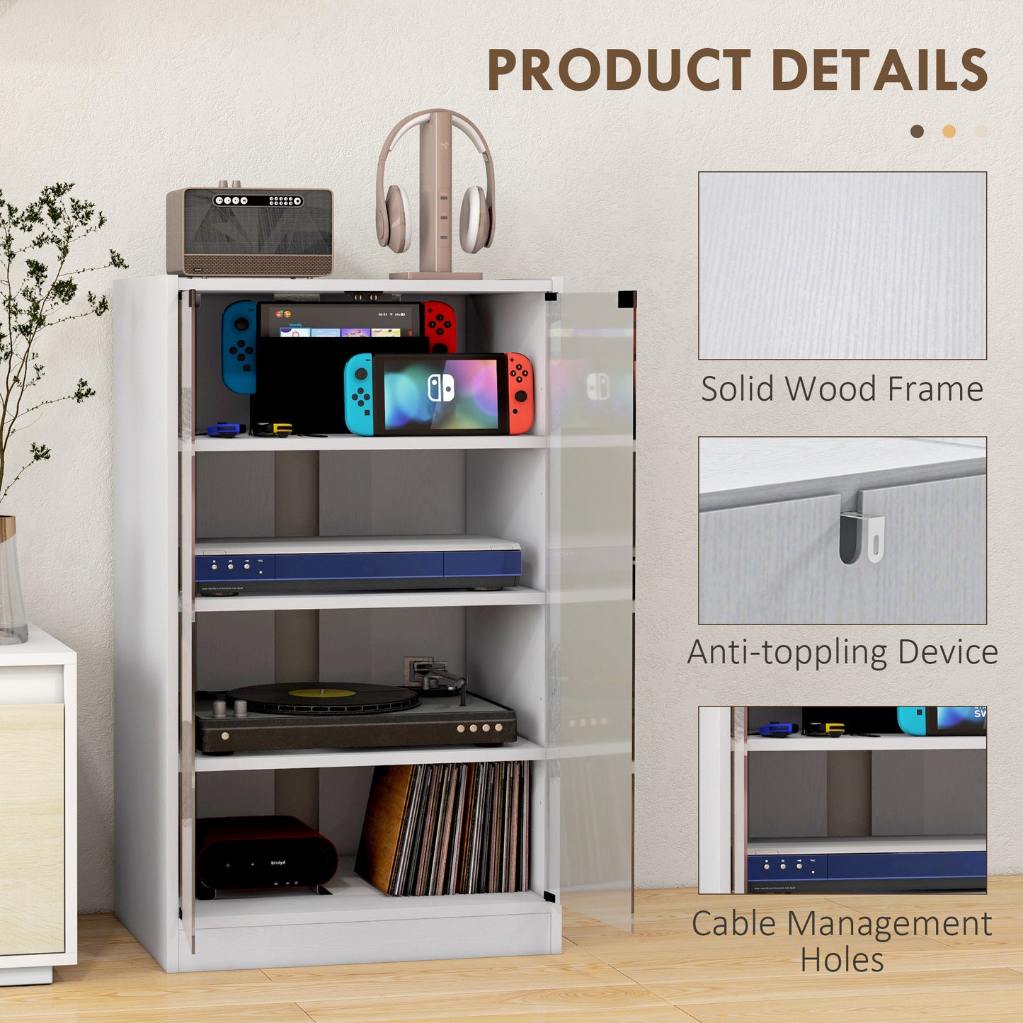 HOMCOM Four Tier Hi Fi Stand Record Player Stand With Adjustable Shelves And Push To Open Glass Doors White Wood Effect
